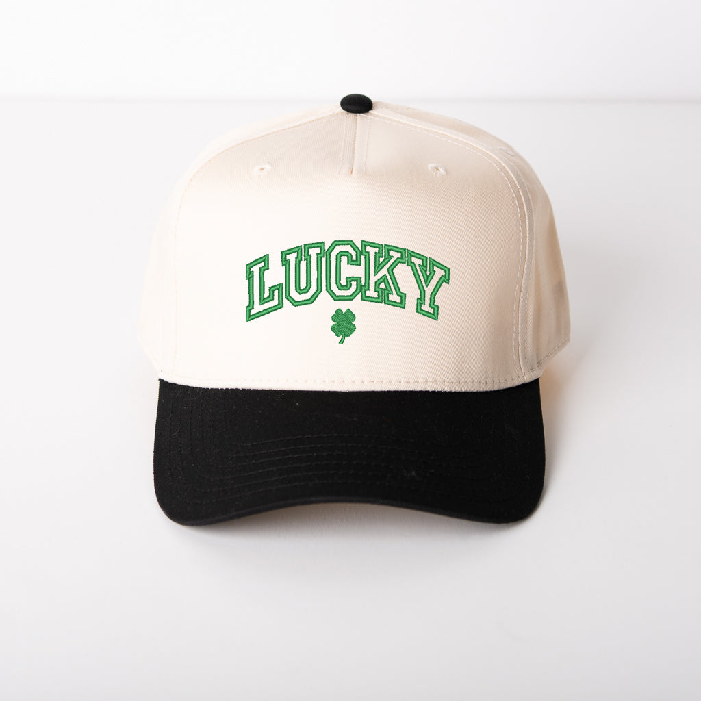 Embroidered Lucky Varsity Clover | Canvas Trucker Hat