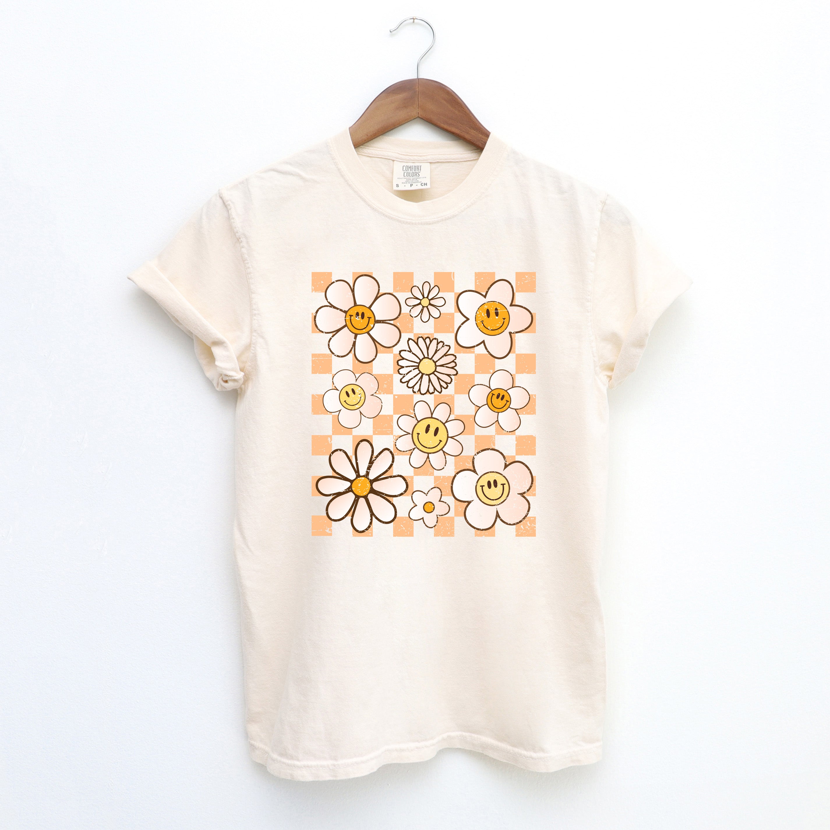 Checkered Smiley Face Flowers | Garment Dyed Short Sleeve Tee