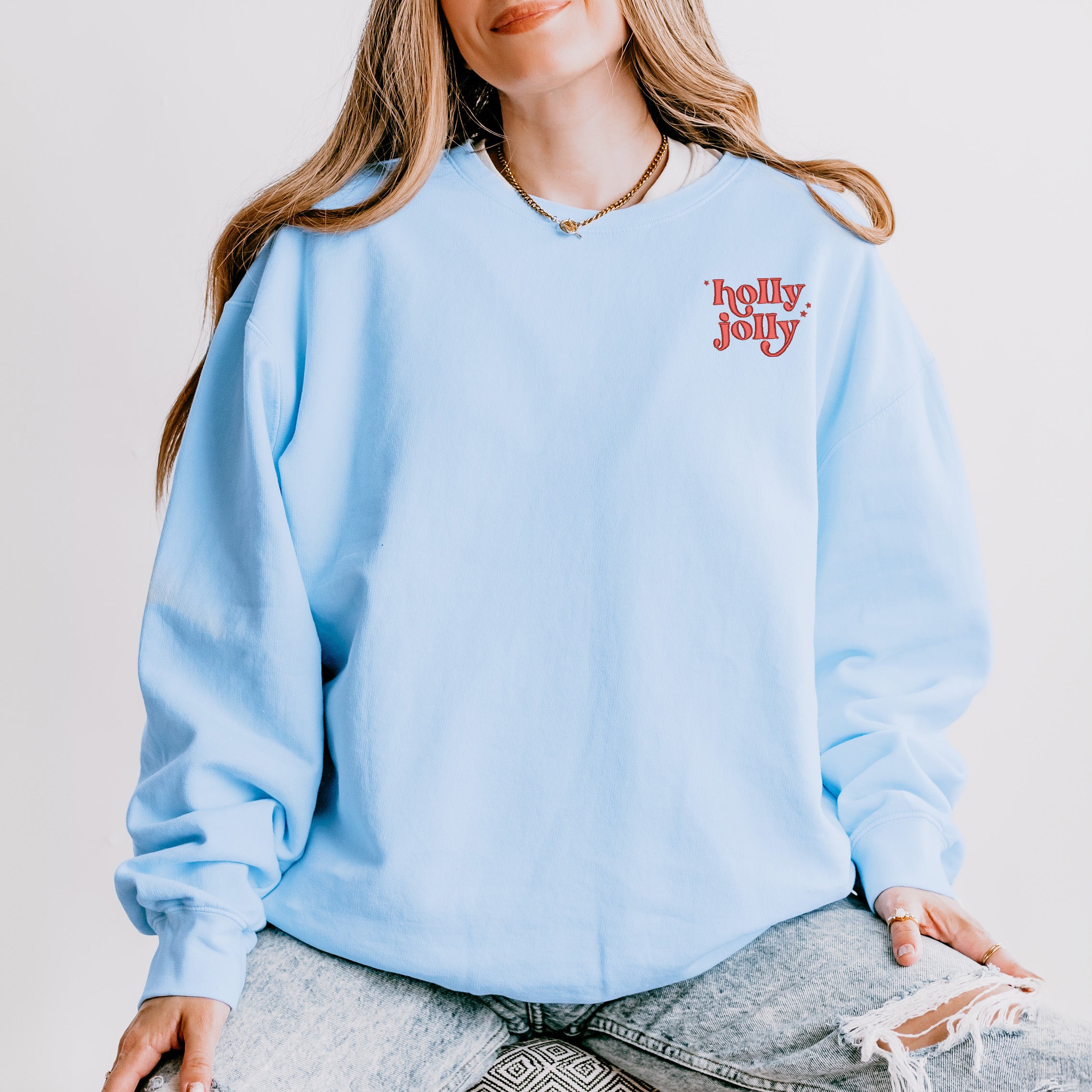 Embroidered Whimsical Holly Jolly Stars Mini | Lightweight Garment Dyed Sweatshirt