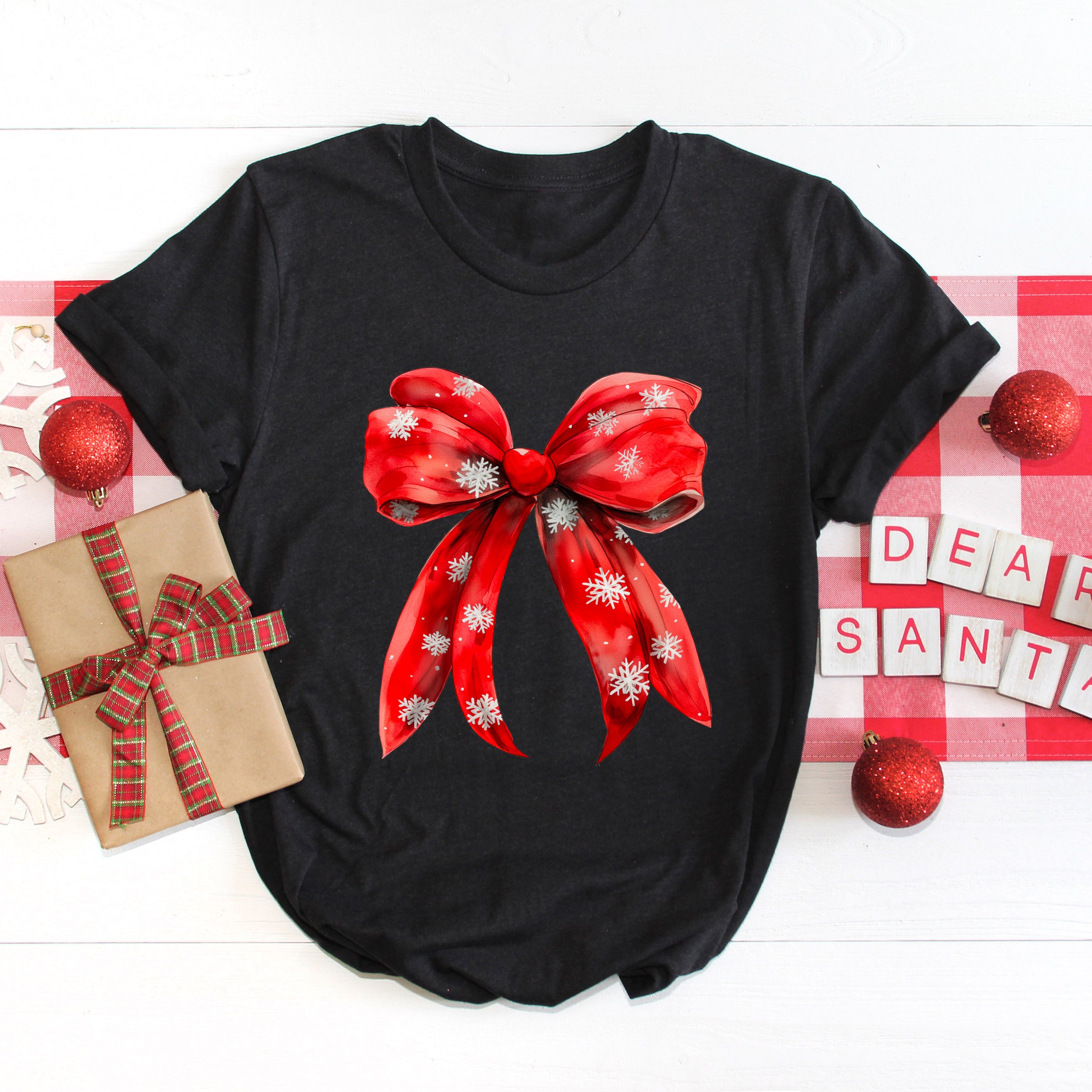 Coquette Christmas Snowflake Bow | Short Sleeve Crewneck