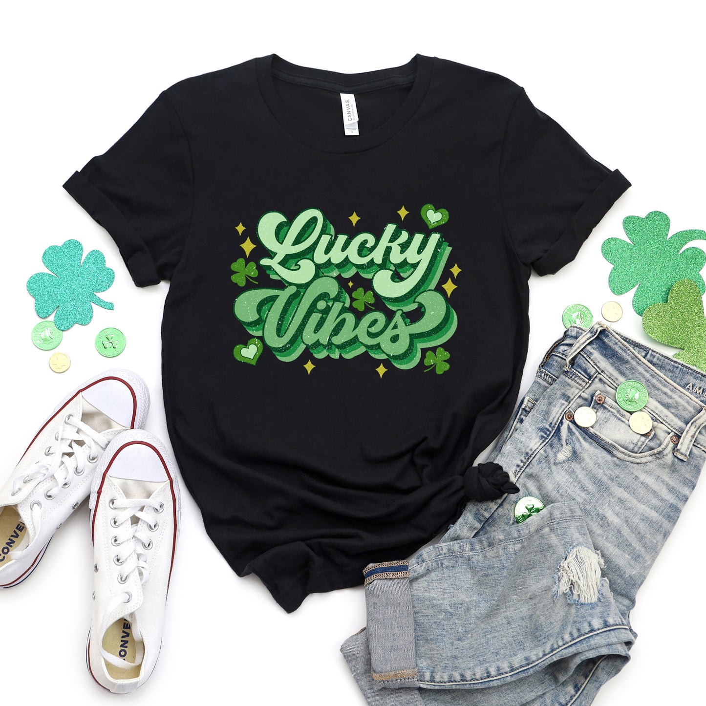 Lucky Vibes Cursive | Short Sleeve Crewneck