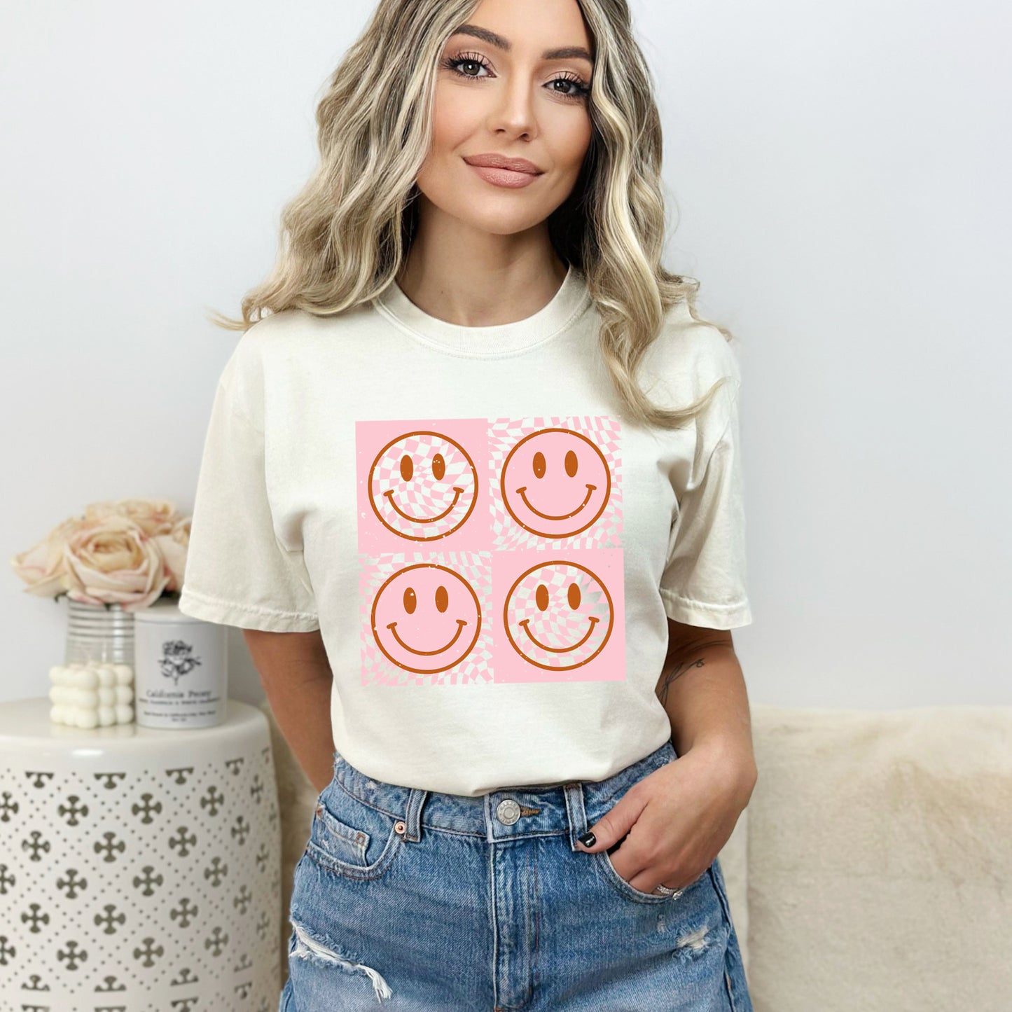 Pink Four Square Smiley Face | Garment Dyed Short Sleeve Tee