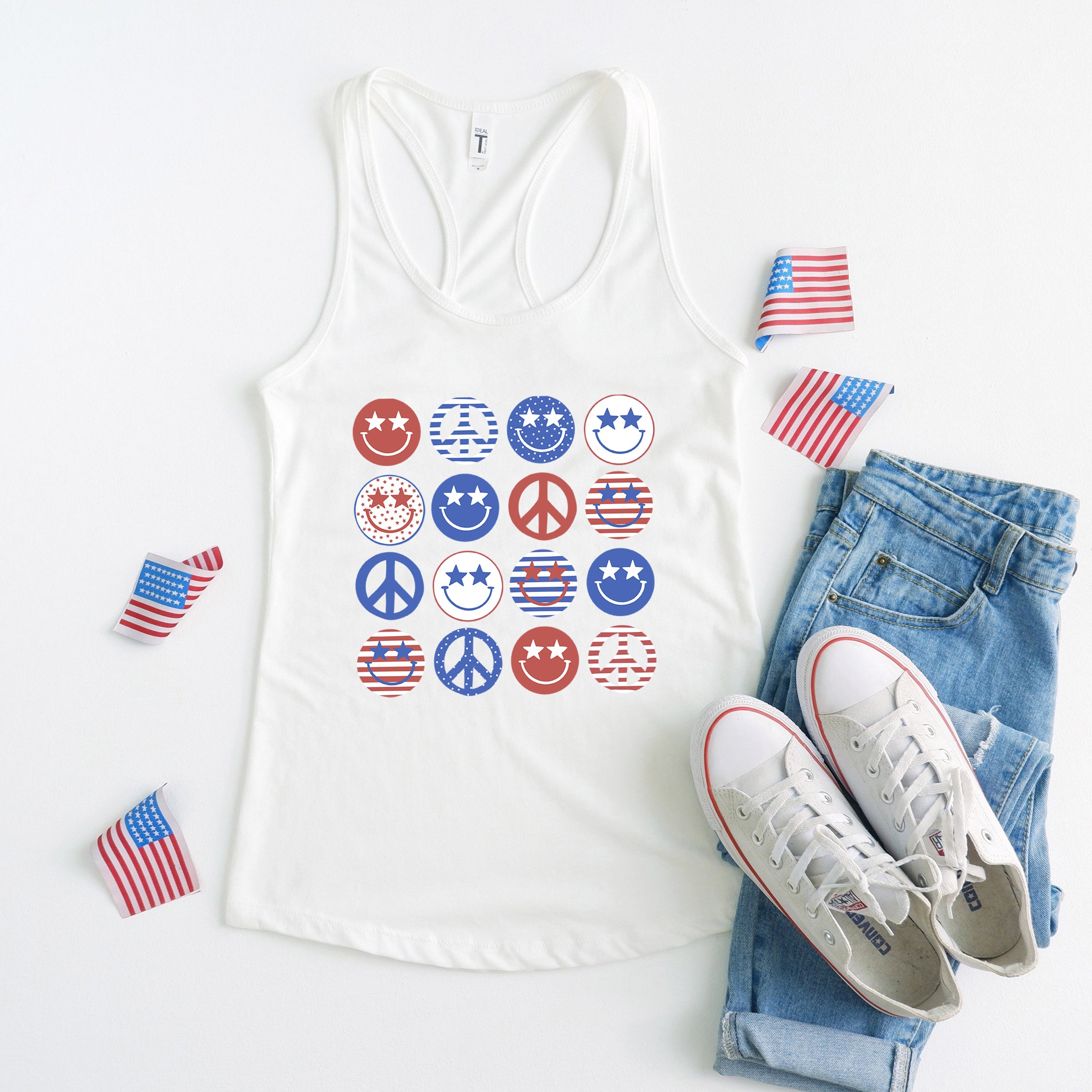 Stacked 4th Of July Smiley Faces | Racerback Tank