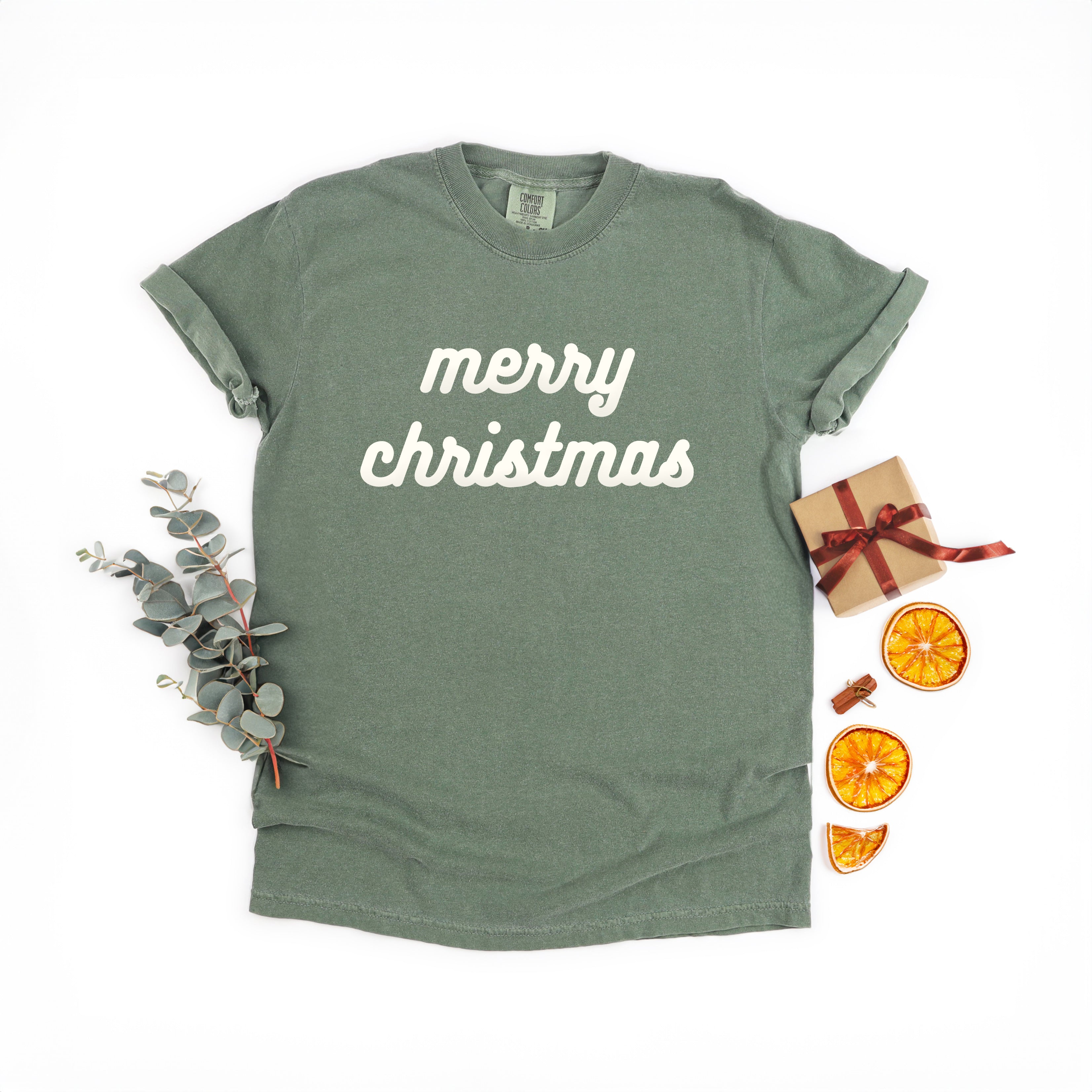 Merry Christmas Bold Cursive Words Puff Print | Garment Dyed Short Sleeve Tee