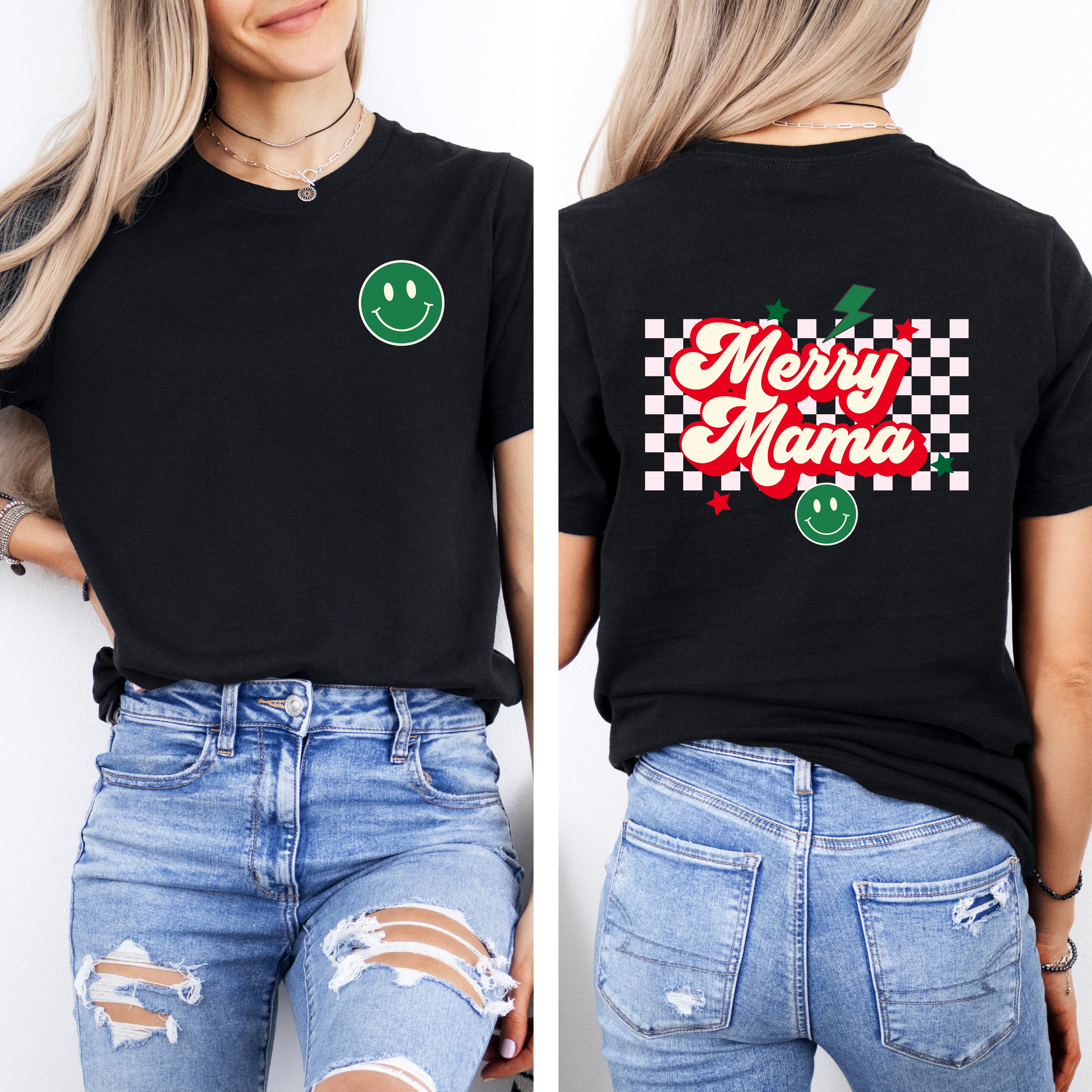 Merry Mama Checkered | Front & Back Short Sleeve Graphic Tee