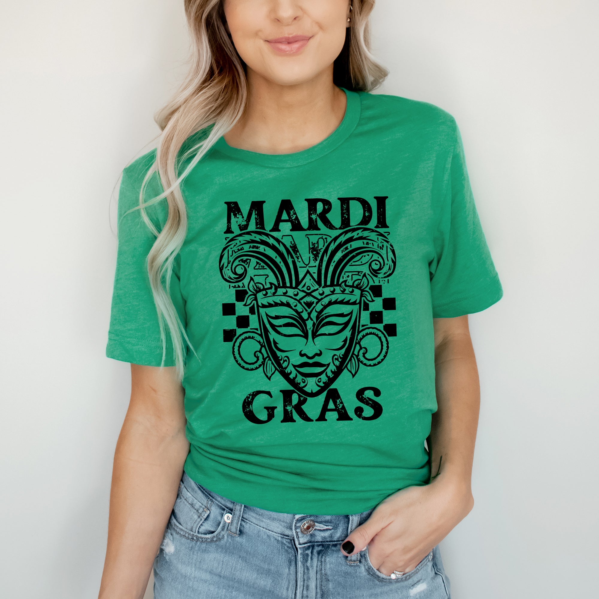 Mardi Gras Mask Distressed | Short Sleeve Crew Neck