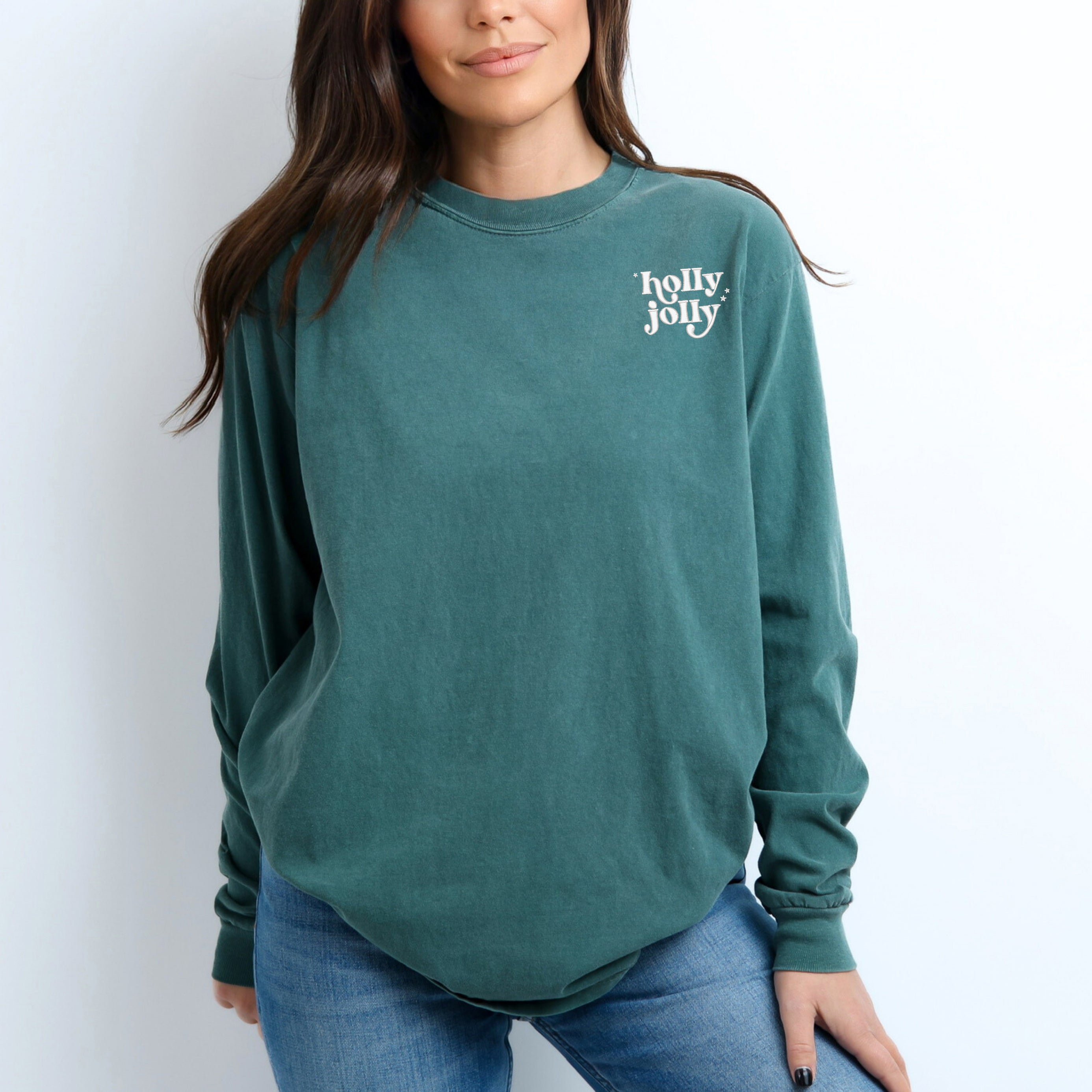 Embroidered Whimsical Holly Jolly Stars Mini | Garment Dyed Long Sleeve