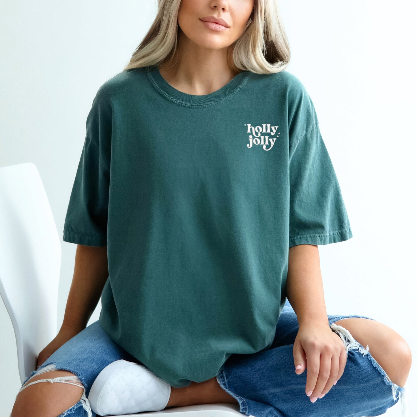 Embroidered Whimsical Holly Jolly Stars Mini | Garment Dyed Short Sleeve Tee
