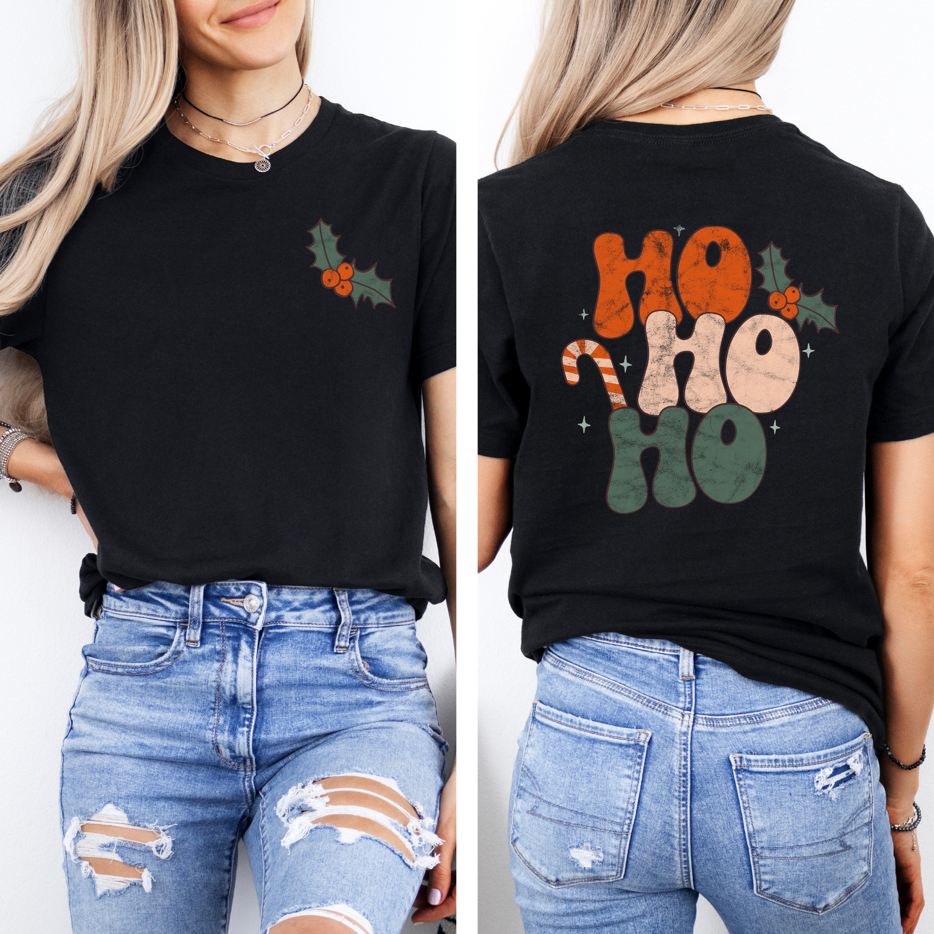 Retro Ho Ho Ho | Front & Back Short Sleeve Graphic Tee