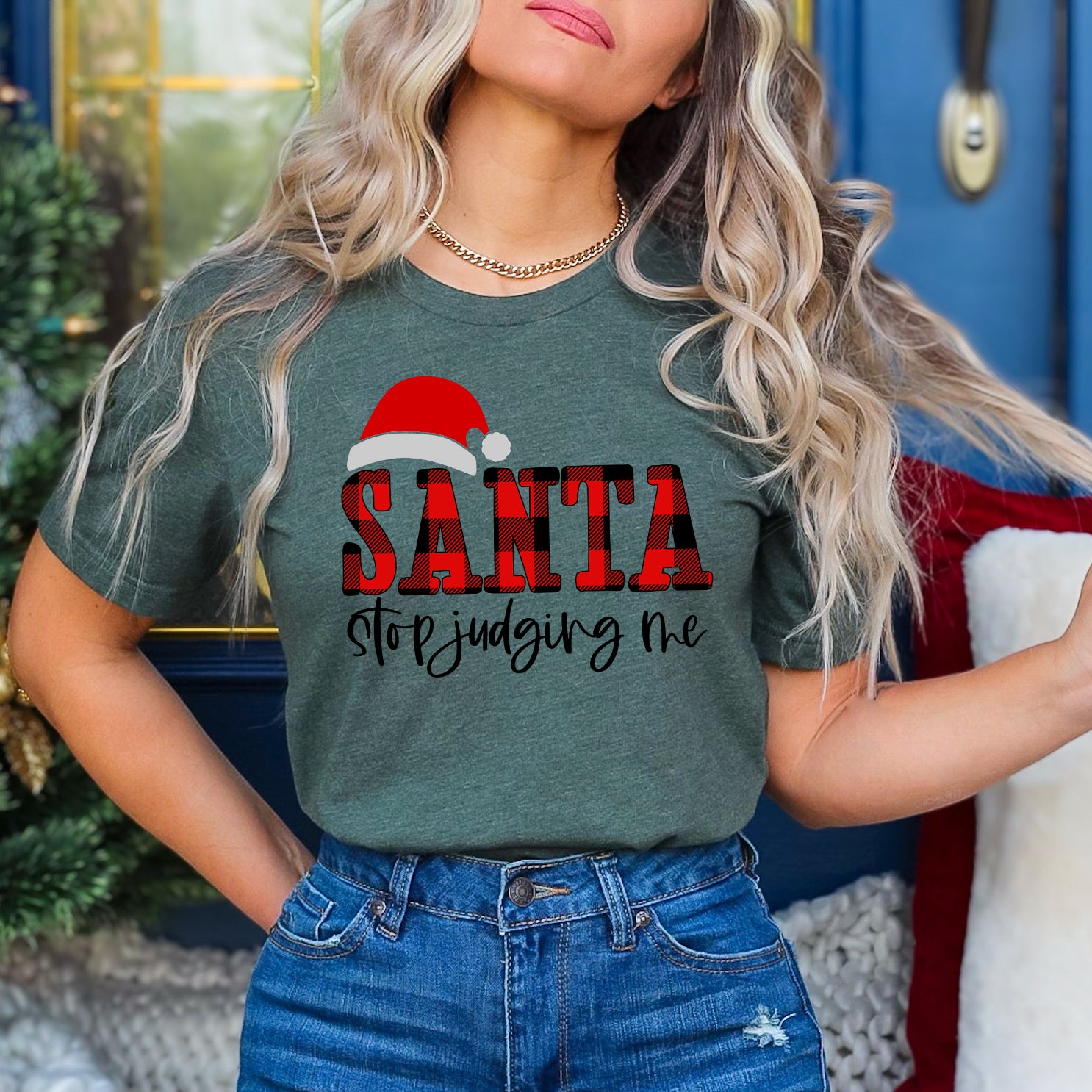 Santa Stop Judging Me Plaid | Short Sleeve Crew Neck