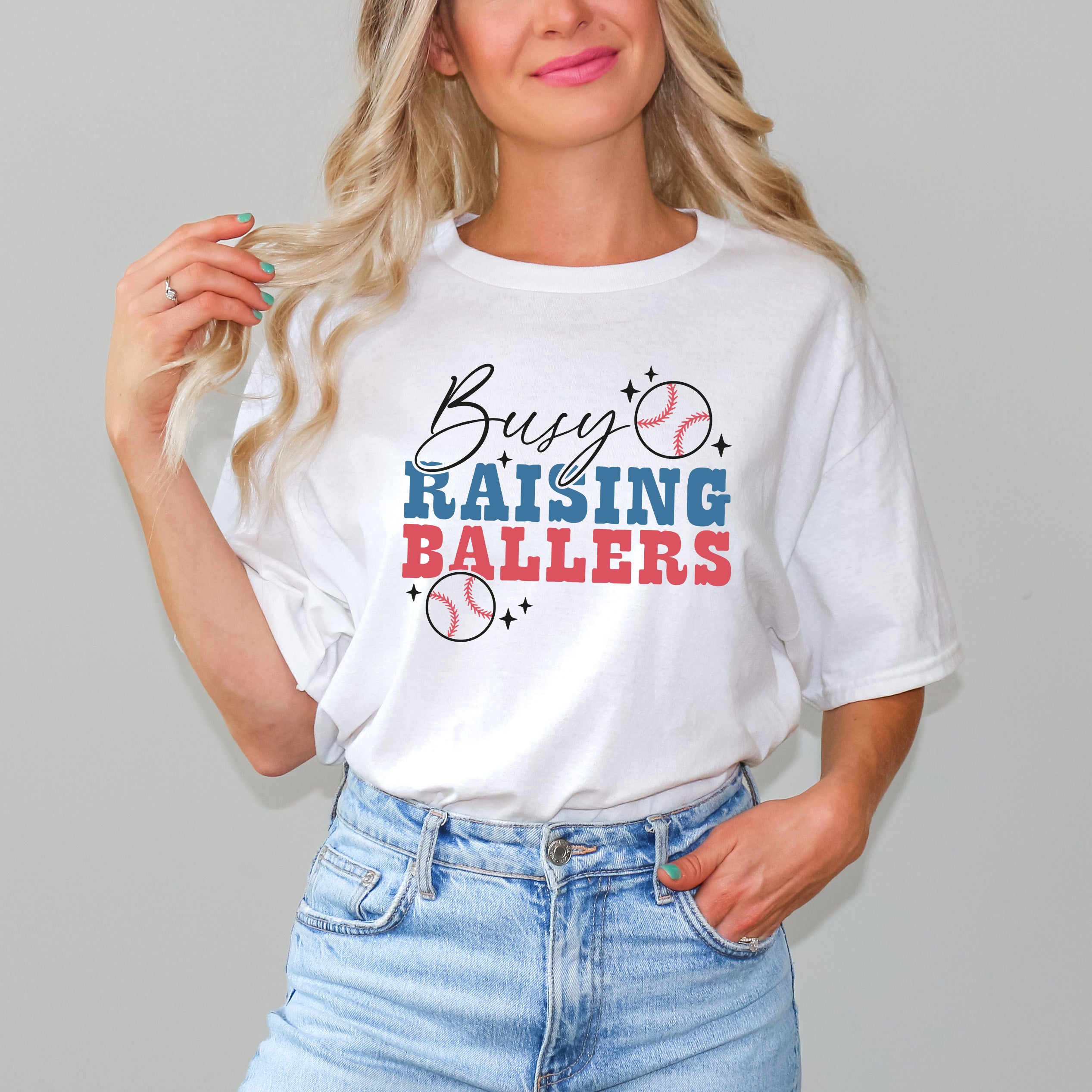 Busy Raising Ballers Baseball Colorful | Short Sleeve Graphic Tee