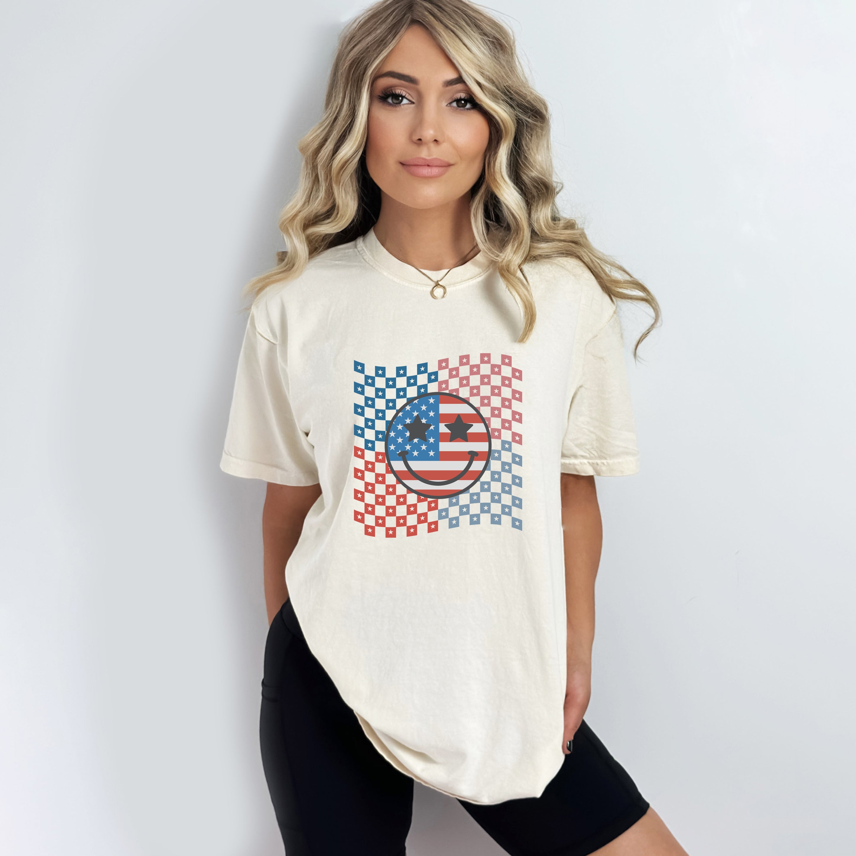 Checkered Patriotic Smiley Face | Garment Dyed Short Sleeve Tee