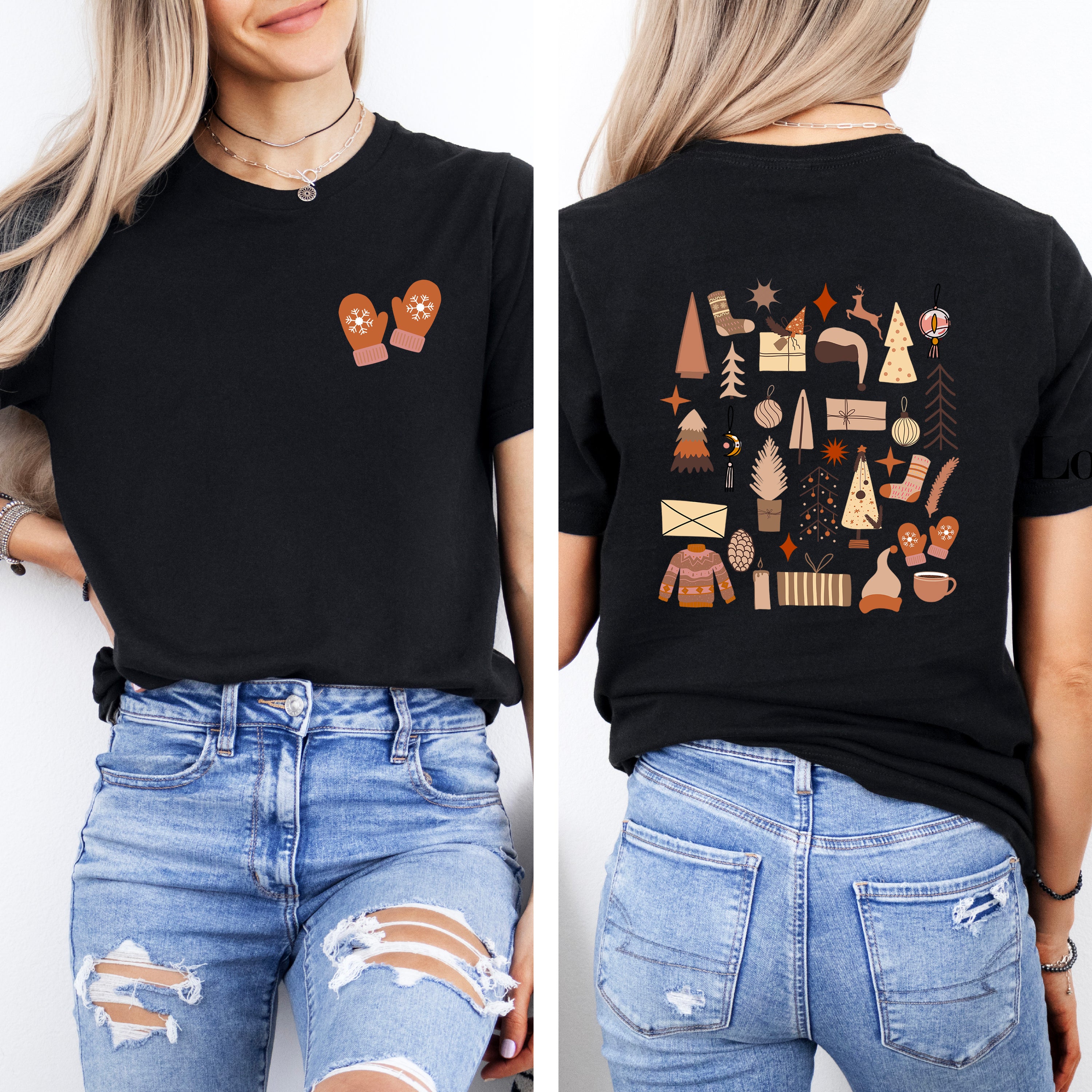 Boho Neutral Christmas Chart | Front & Back Short Sleeve Graphic Tee