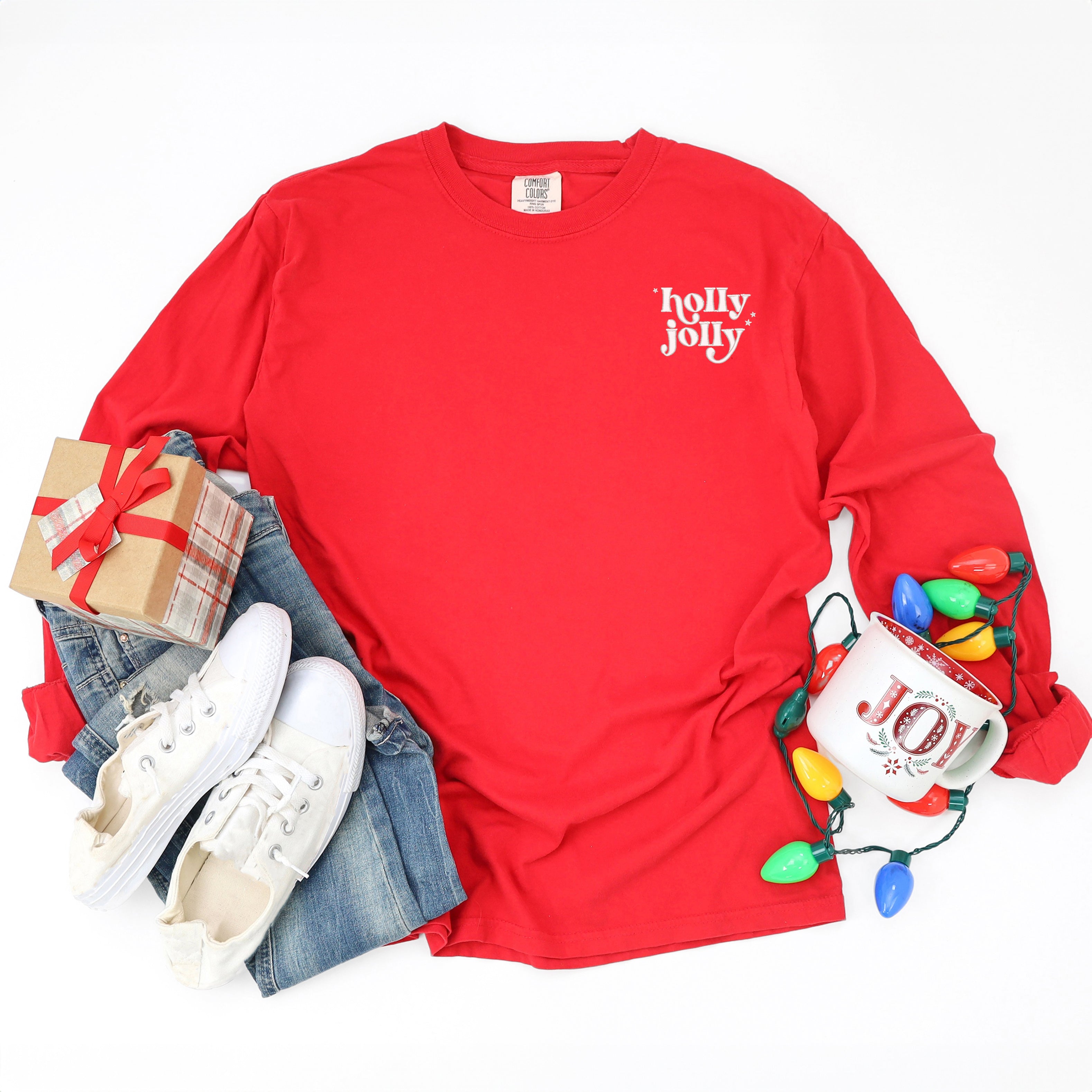 Embroidered Whimsical Holly Jolly Stars Mini | Garment Dyed Long Sleeve