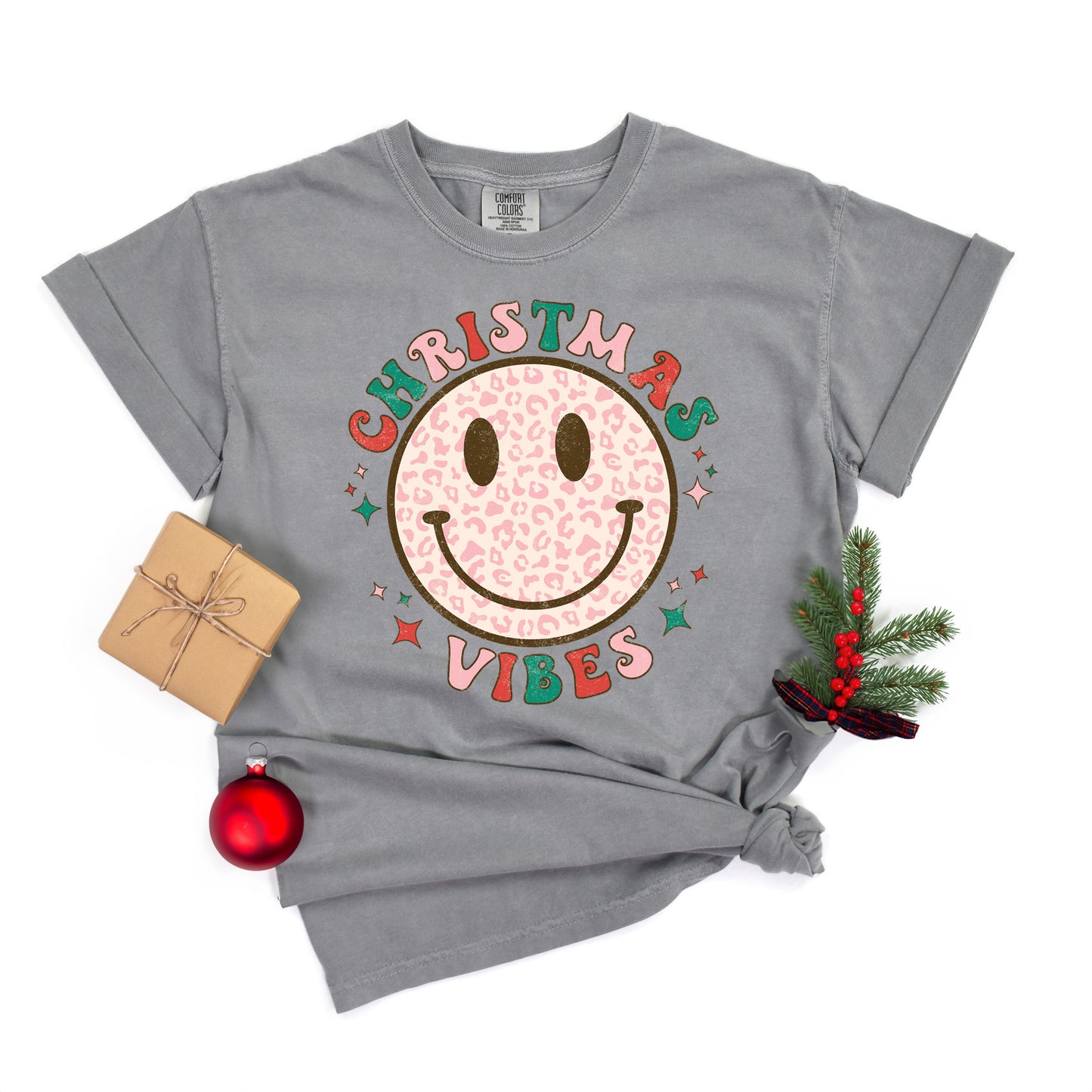 Retro Smiley Face Christmas Vibes | Garment Dyed Tee