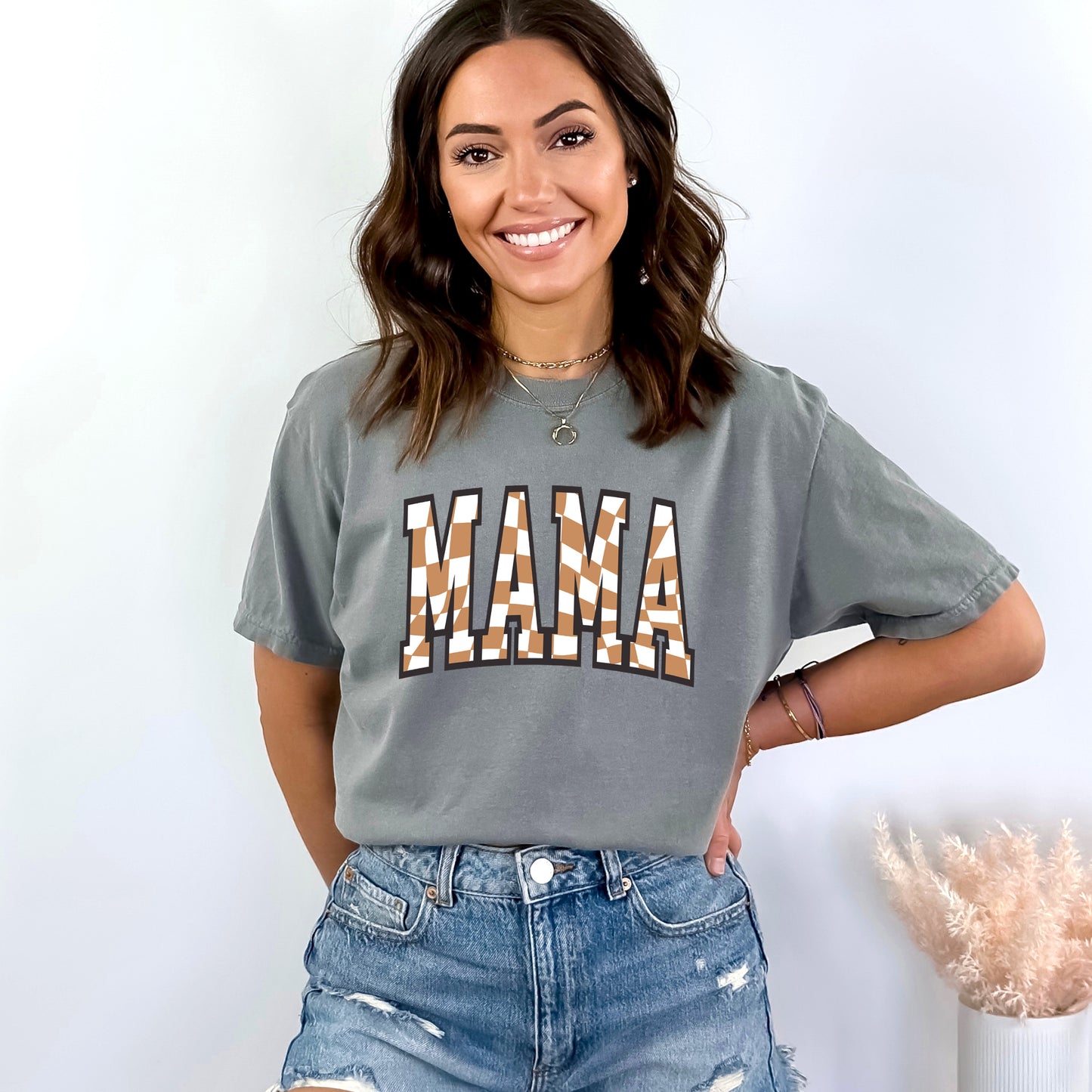 Varsity Checkered Mama | Garment Dyed Short Sleeve Tee