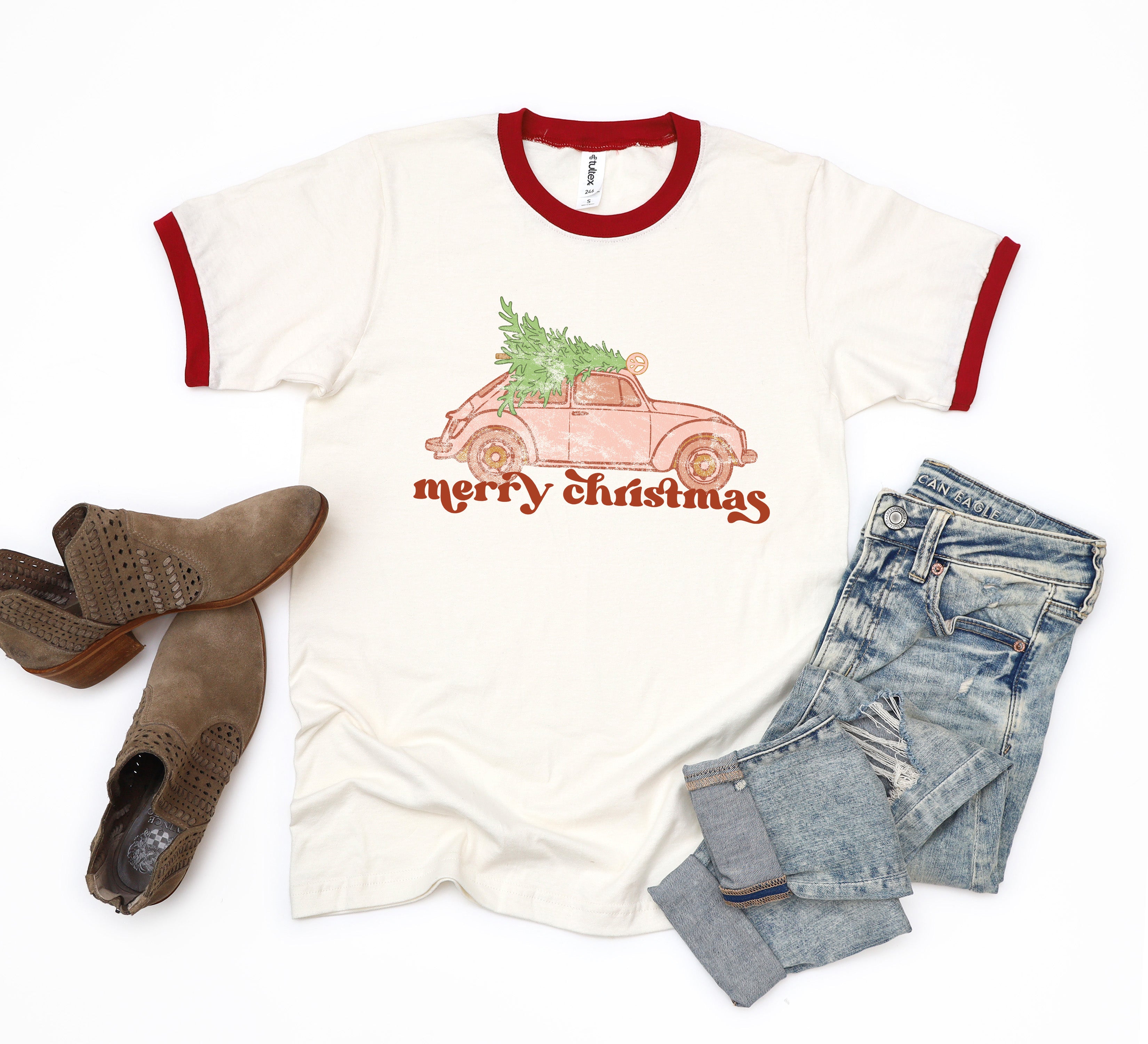 Merry Christmas Pink Car | Ringer Tee