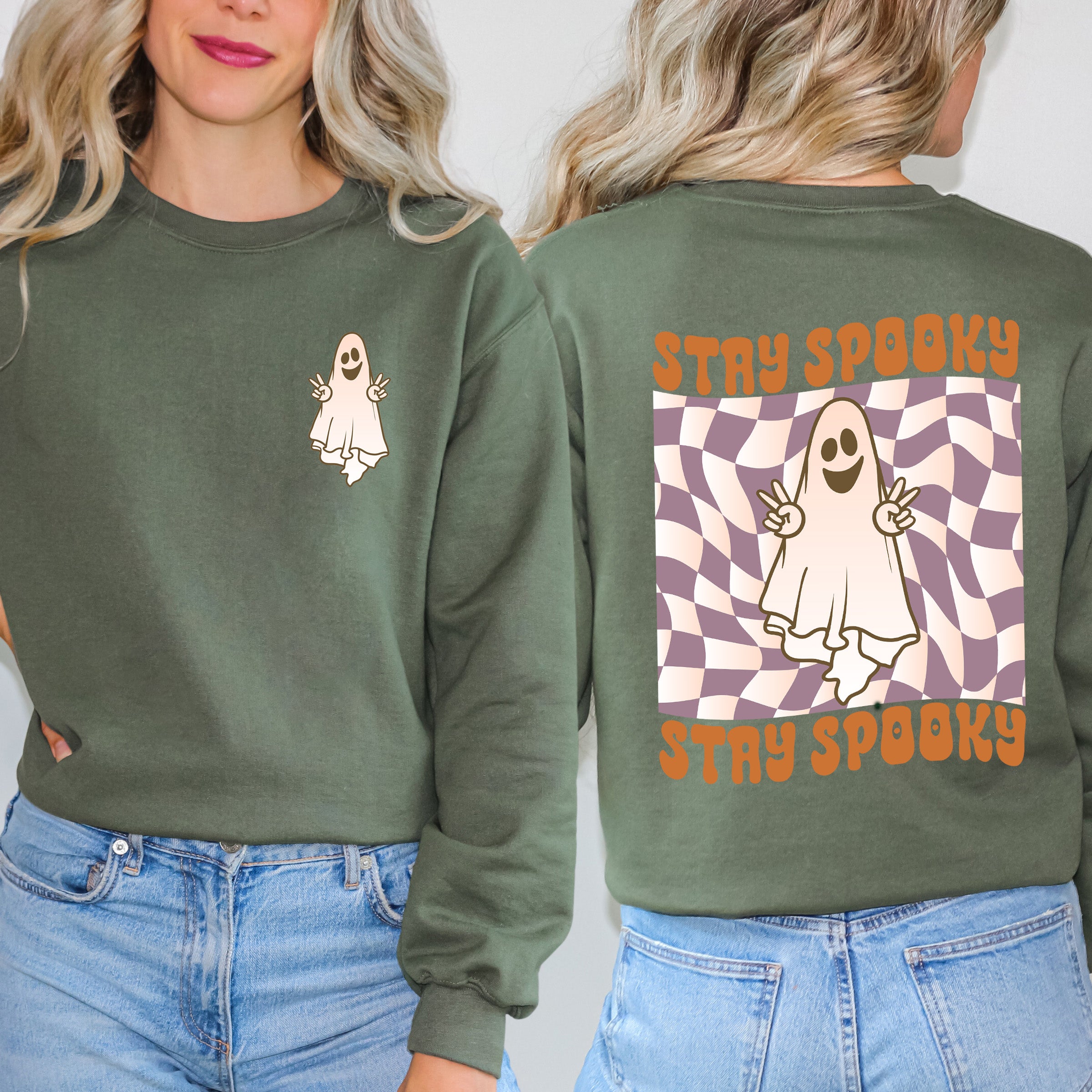 Checkered Stay Spooky Ghost | Sweatshirt | Front and Back Design