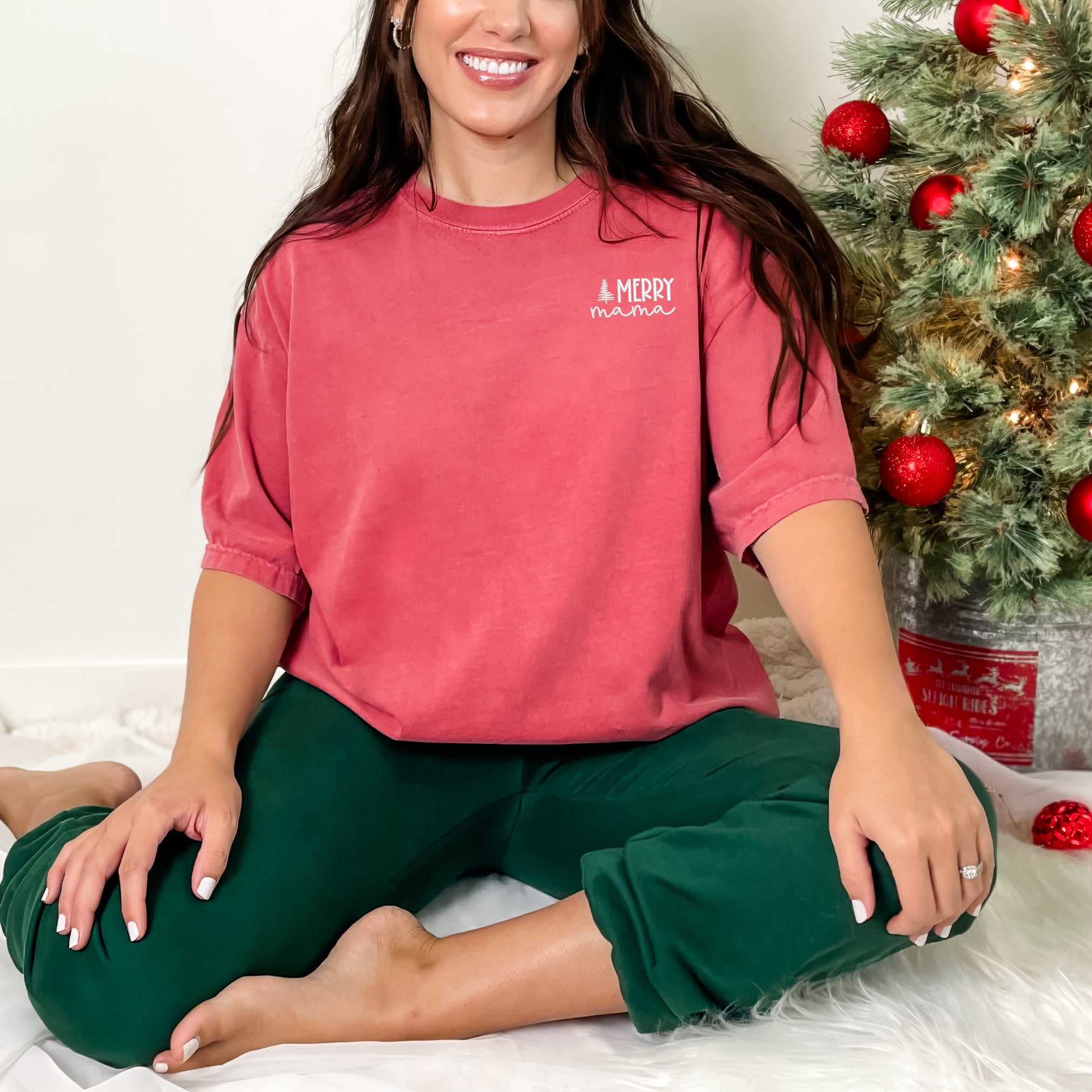 Embroidered Merry Mama Tree | Garment Dyed Short Sleeve Tee