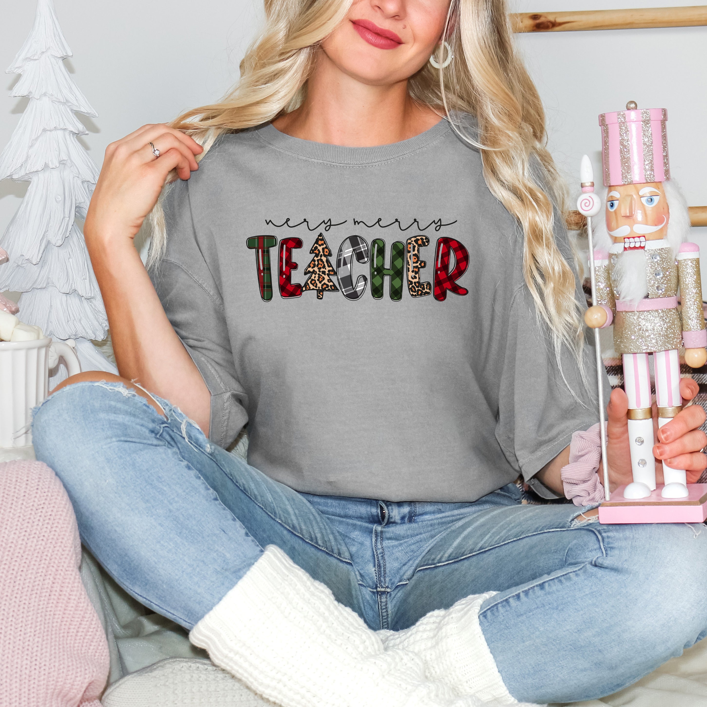 Very Merry Teacher Plaid | Garment Dyed Tee