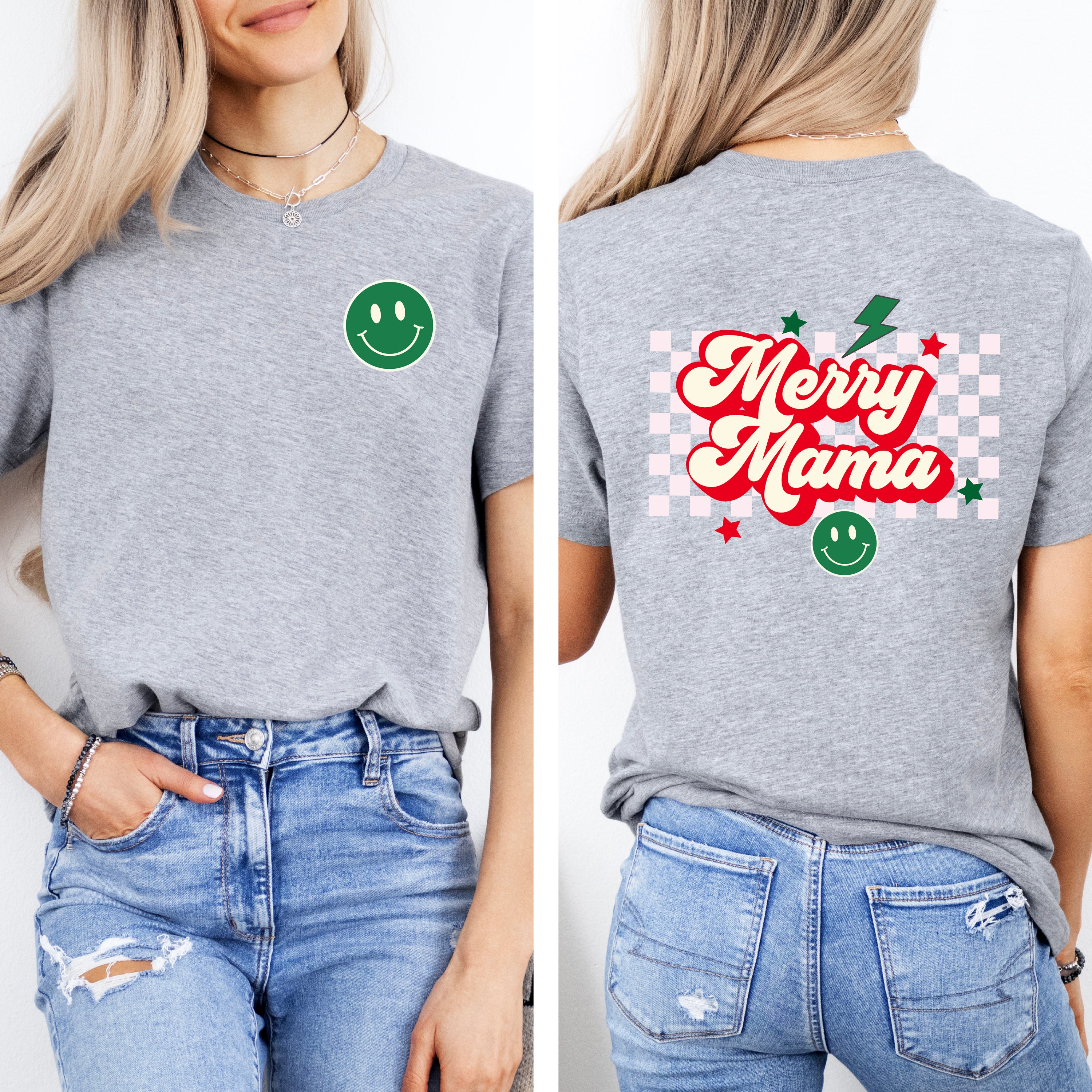 Merry Mama Checkered | Front & Back Short Sleeve Graphic Tee