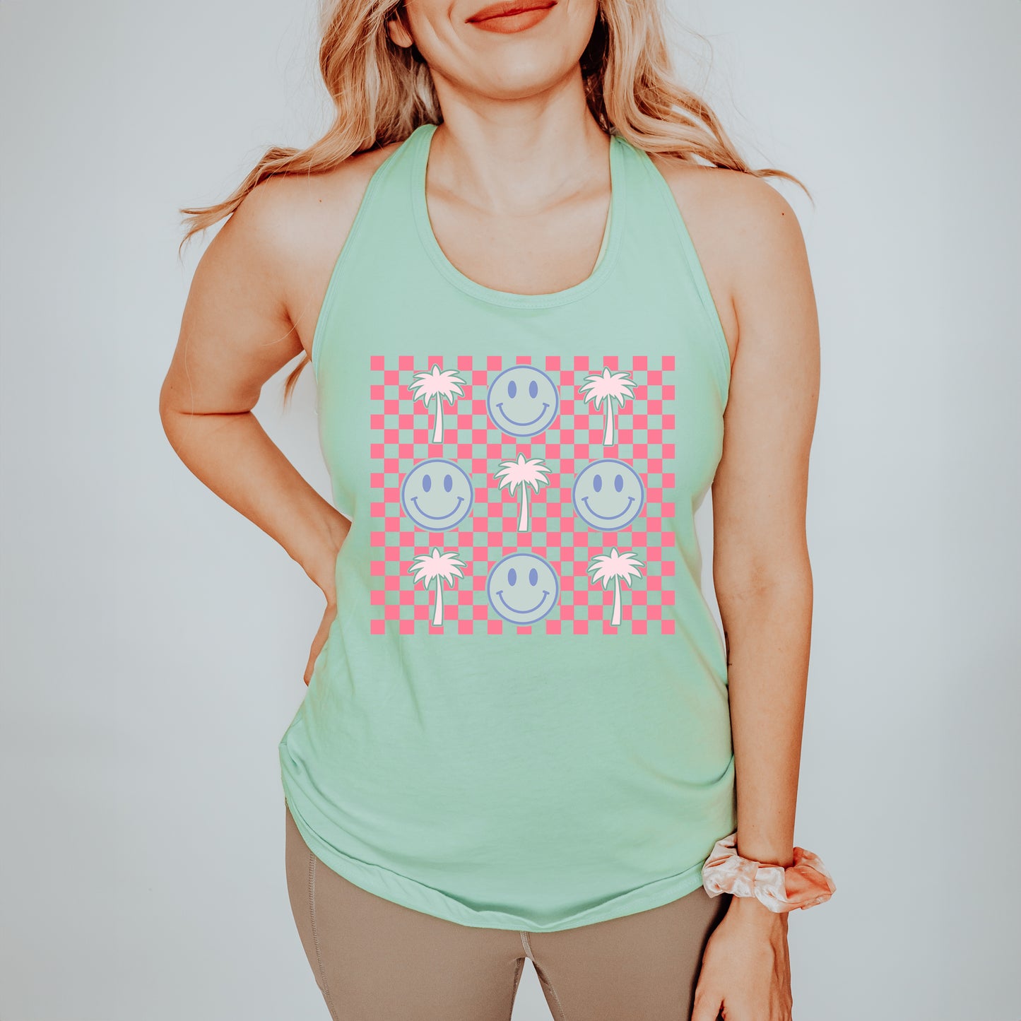 Smiley Palm Trees Checkered | Racerback Tank