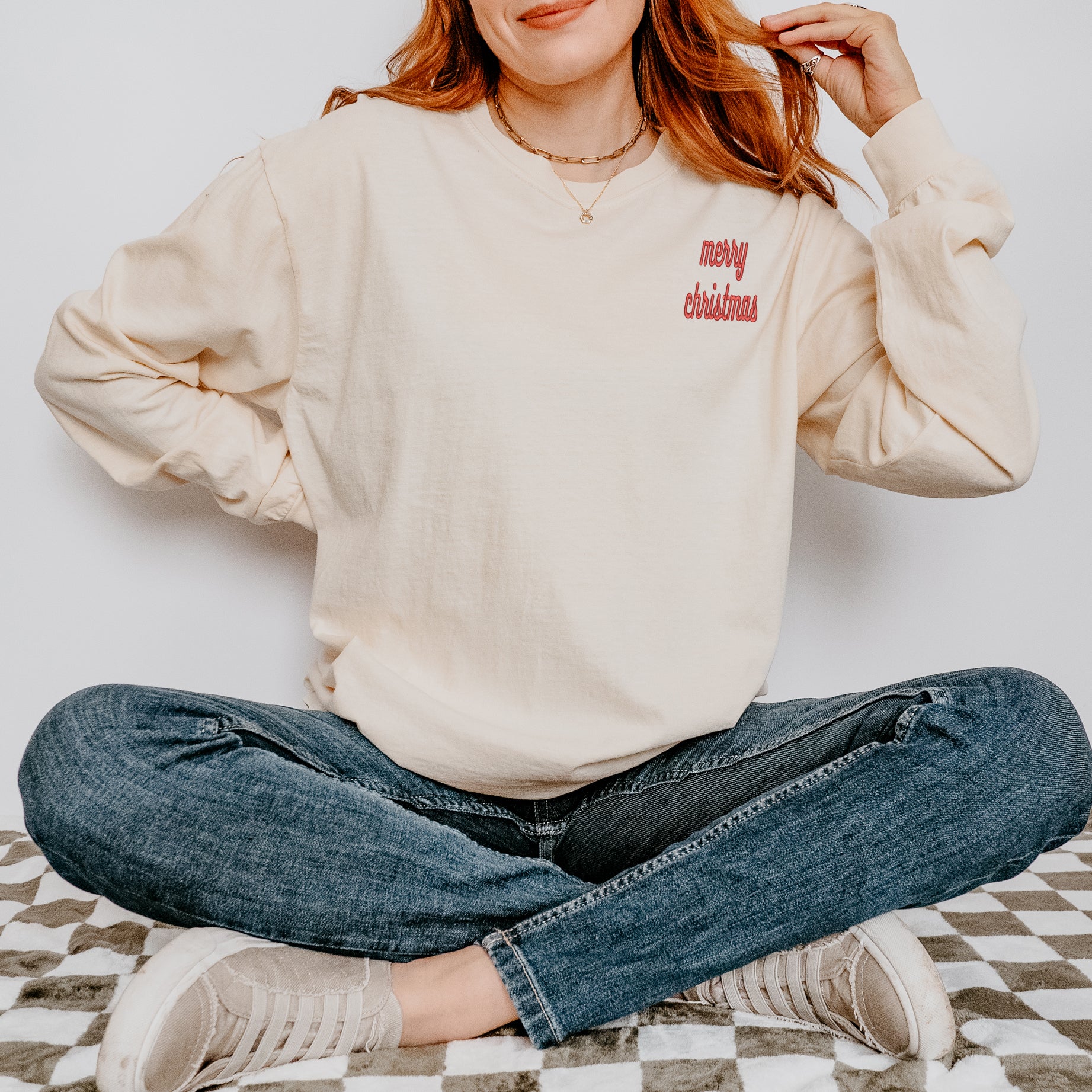 Embroidered Merry Christmas Bold Cursive Mini | Garment Dyed Long Sleeve