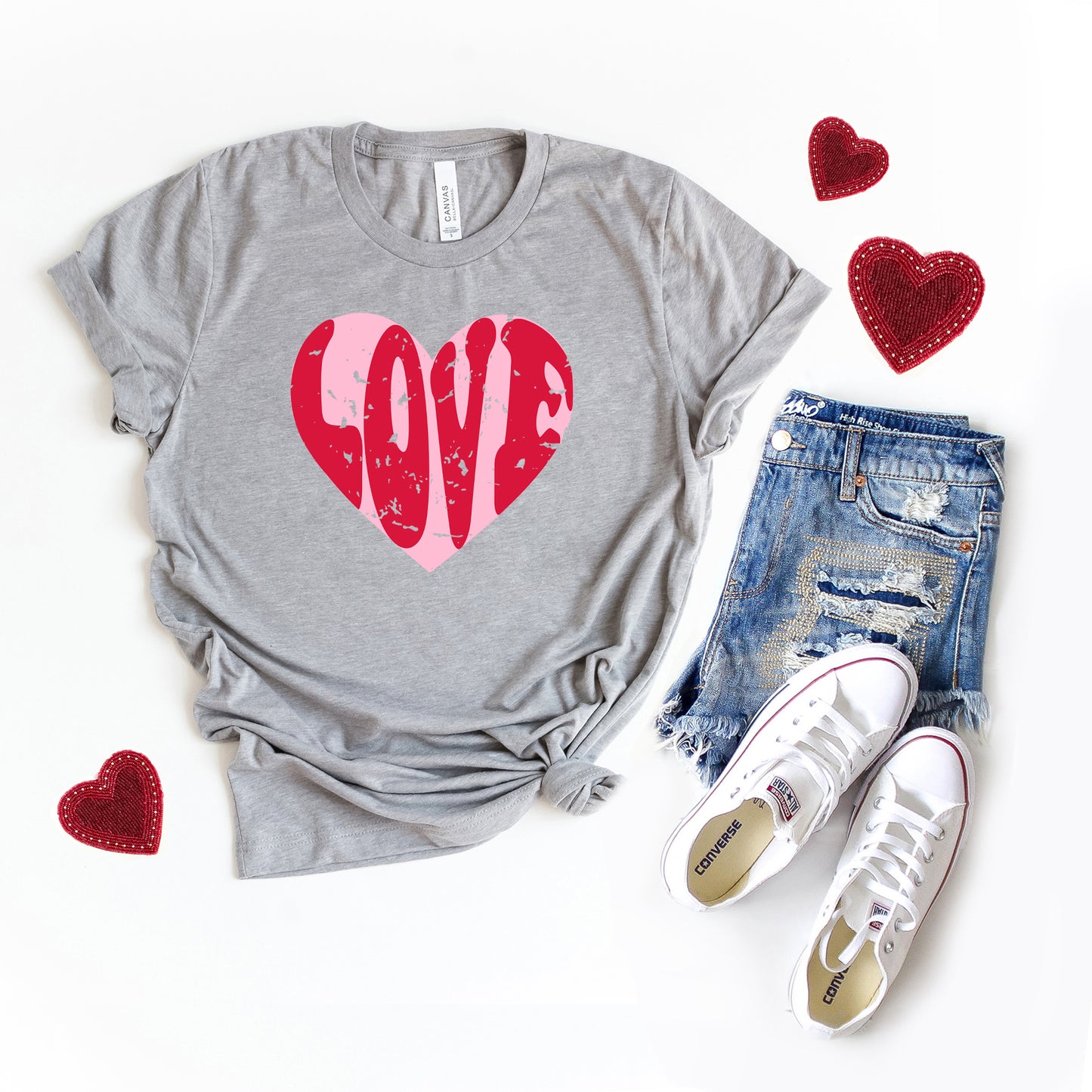Pink Love Heart Distressed | Short Sleeve Crew Neck