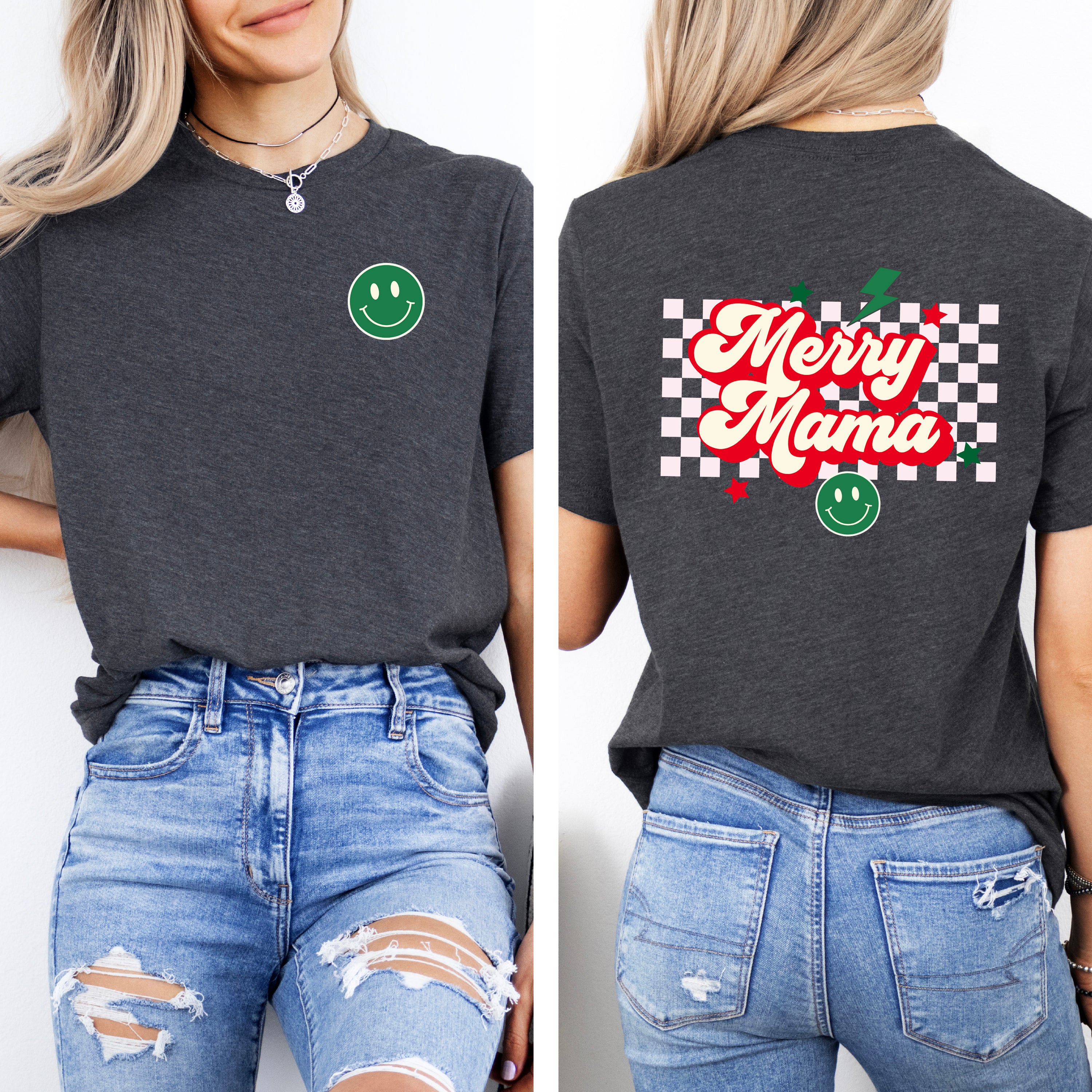 Merry Mama Checkered | Front & Back Short Sleeve Graphic Tee