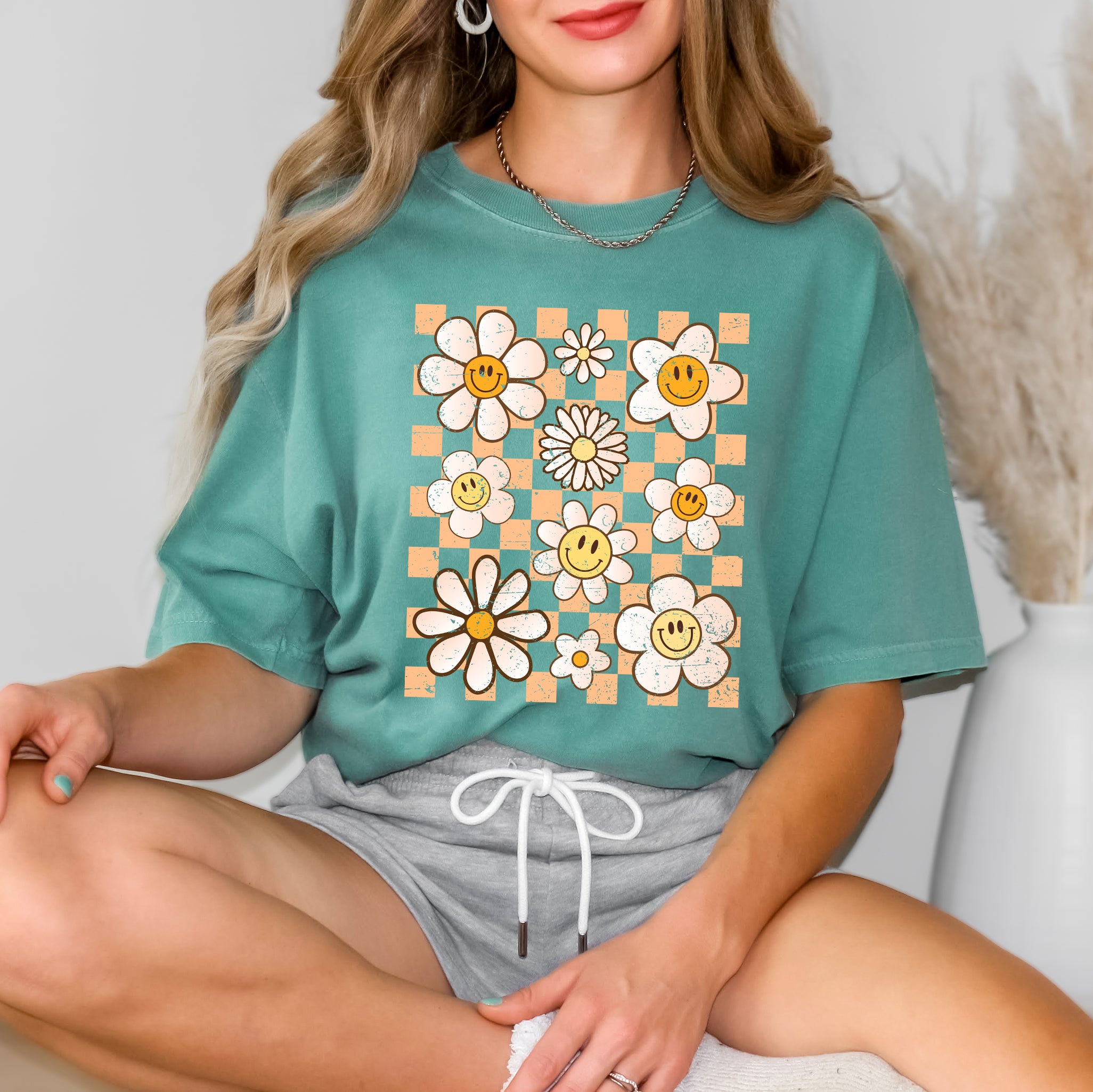 Checkered Smiley Face Flowers | Garment Dyed Short Sleeve Tee