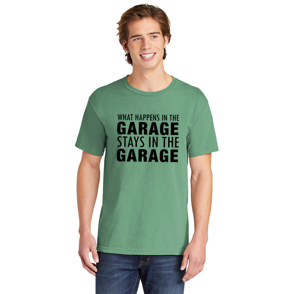 What Happens In The Garage | Men's Garment Dyed Tee