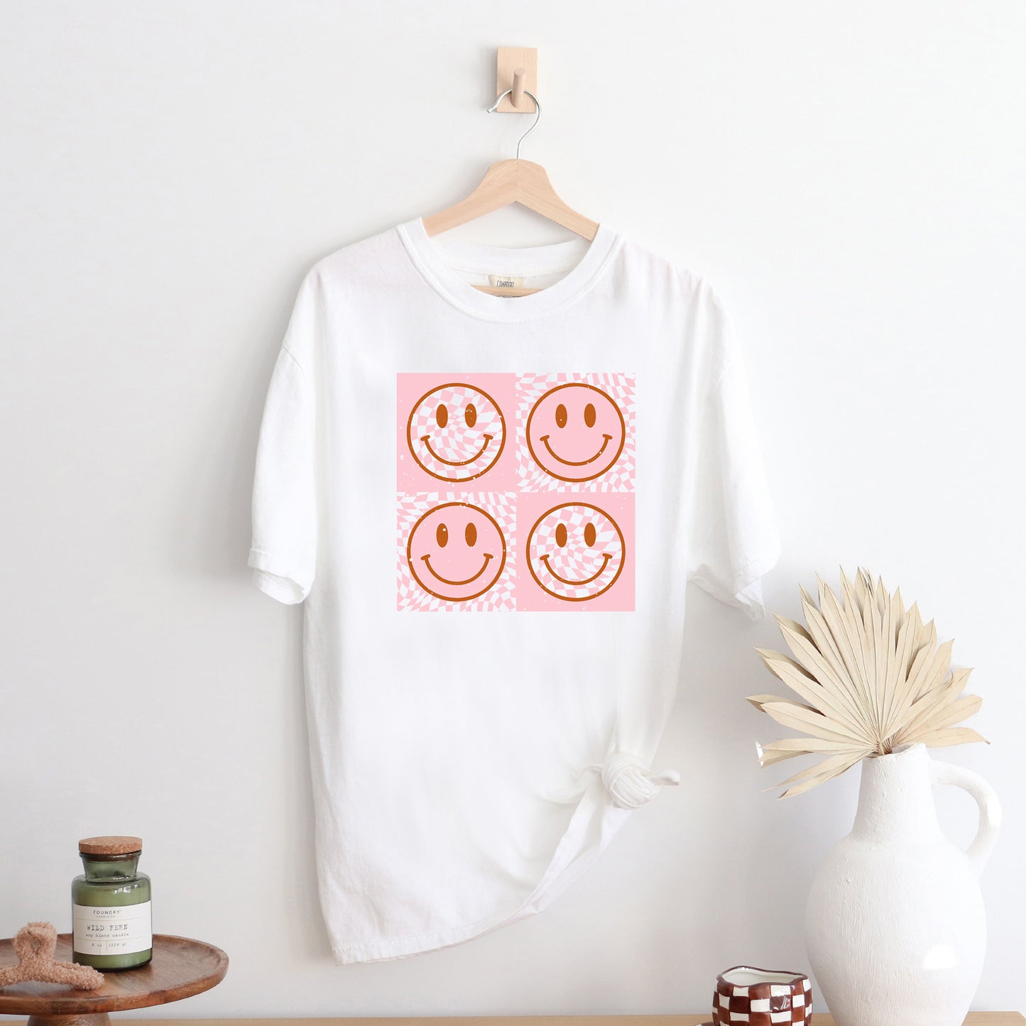 Pink Four Square Smiley Face | Garment Dyed Short Sleeve Tee
