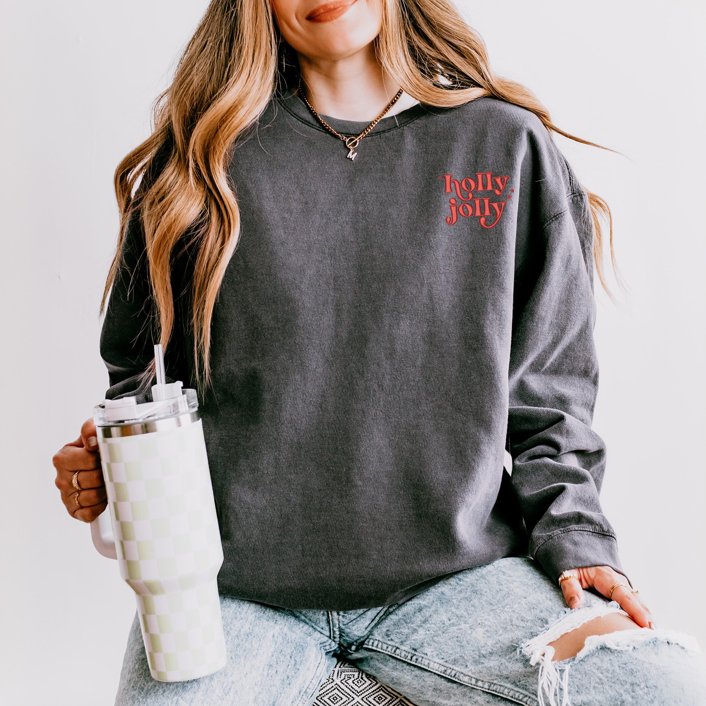 Embroidered Whimsical Holly Jolly Stars Mini | Lightweight Garment Dyed Sweatshirt