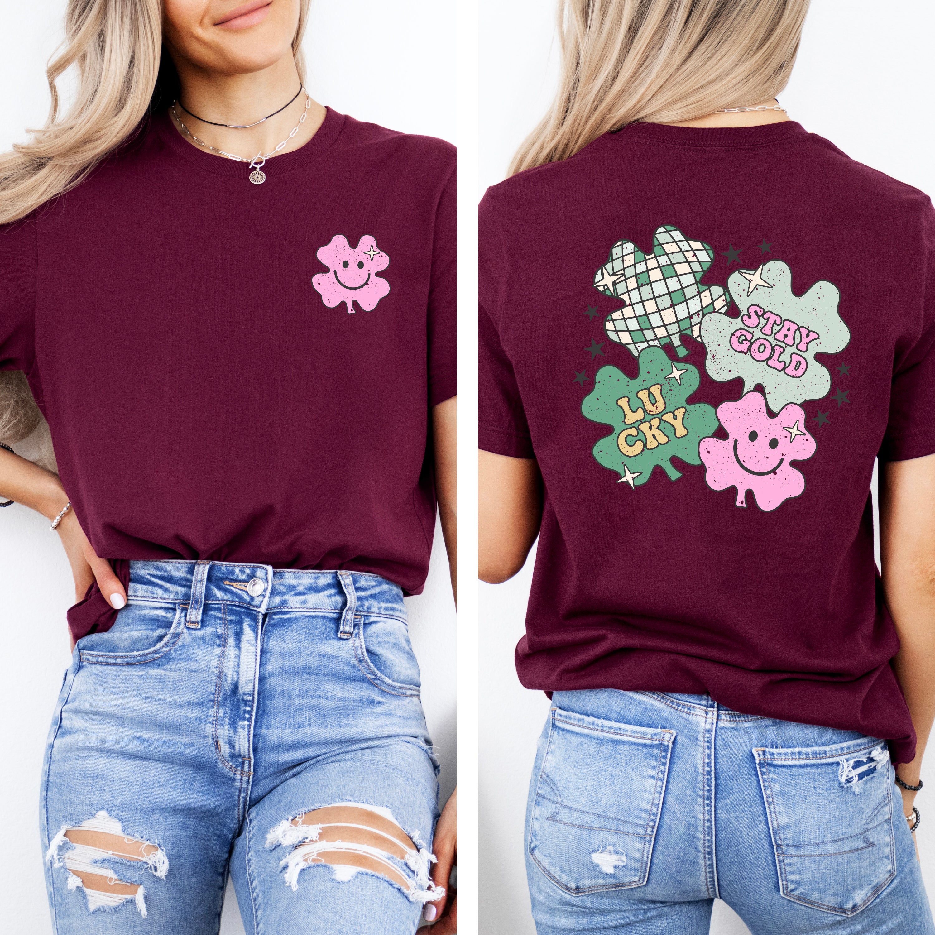 Stay Gold Lucky Shamrocks | Front & Back Short Sleeve Graphic Tee