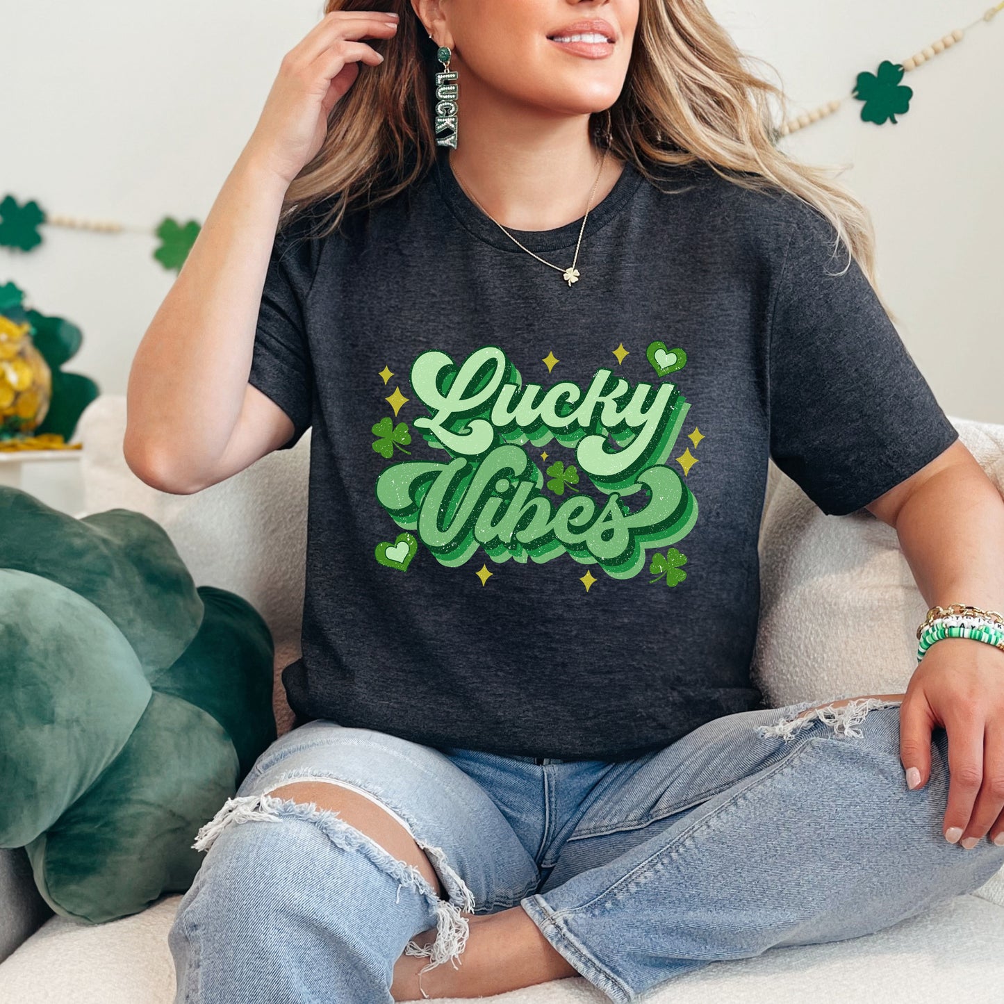 Lucky Vibes Cursive | Short Sleeve Crewneck
