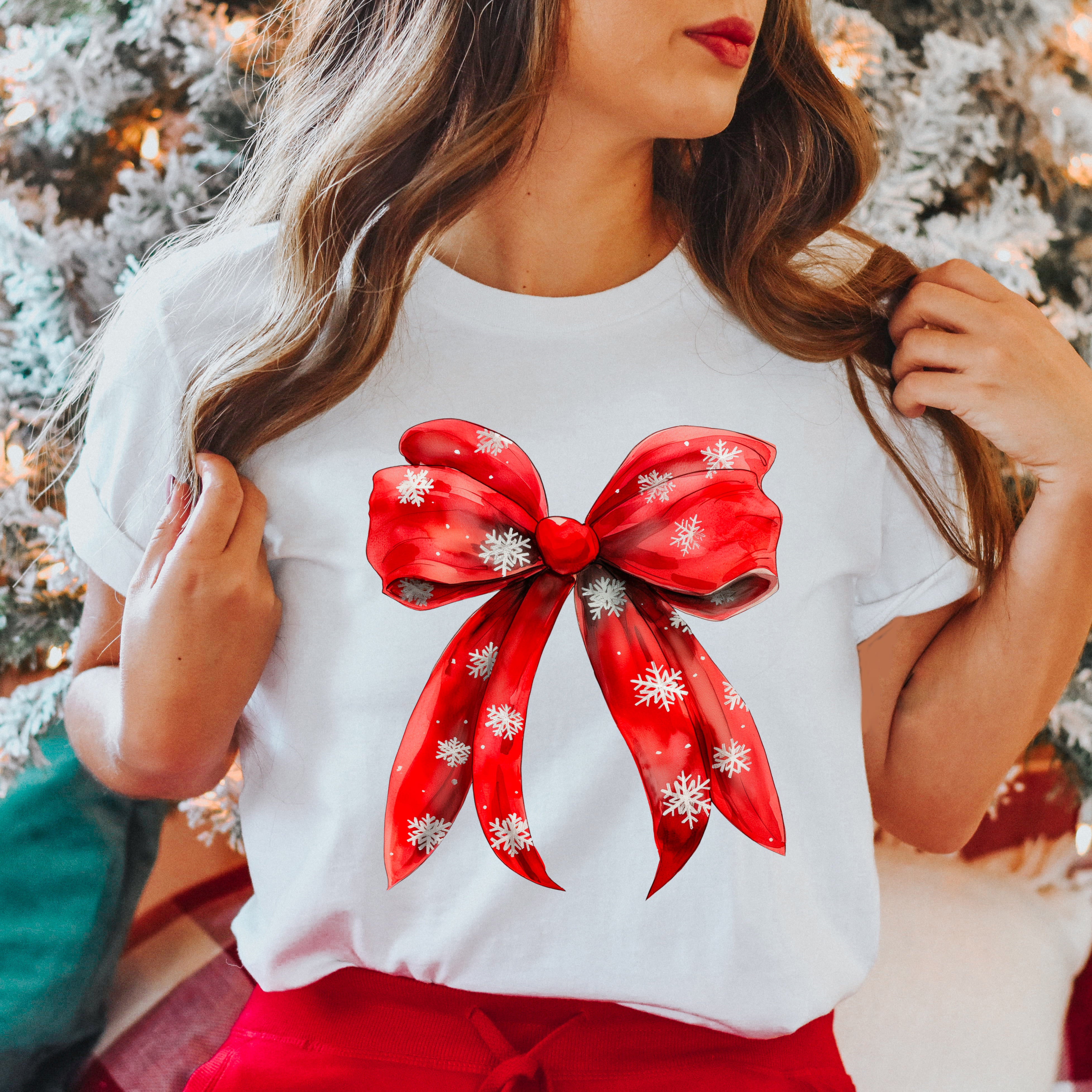 Coquette Christmas Snowflake Bow | Short Sleeve Crewneck