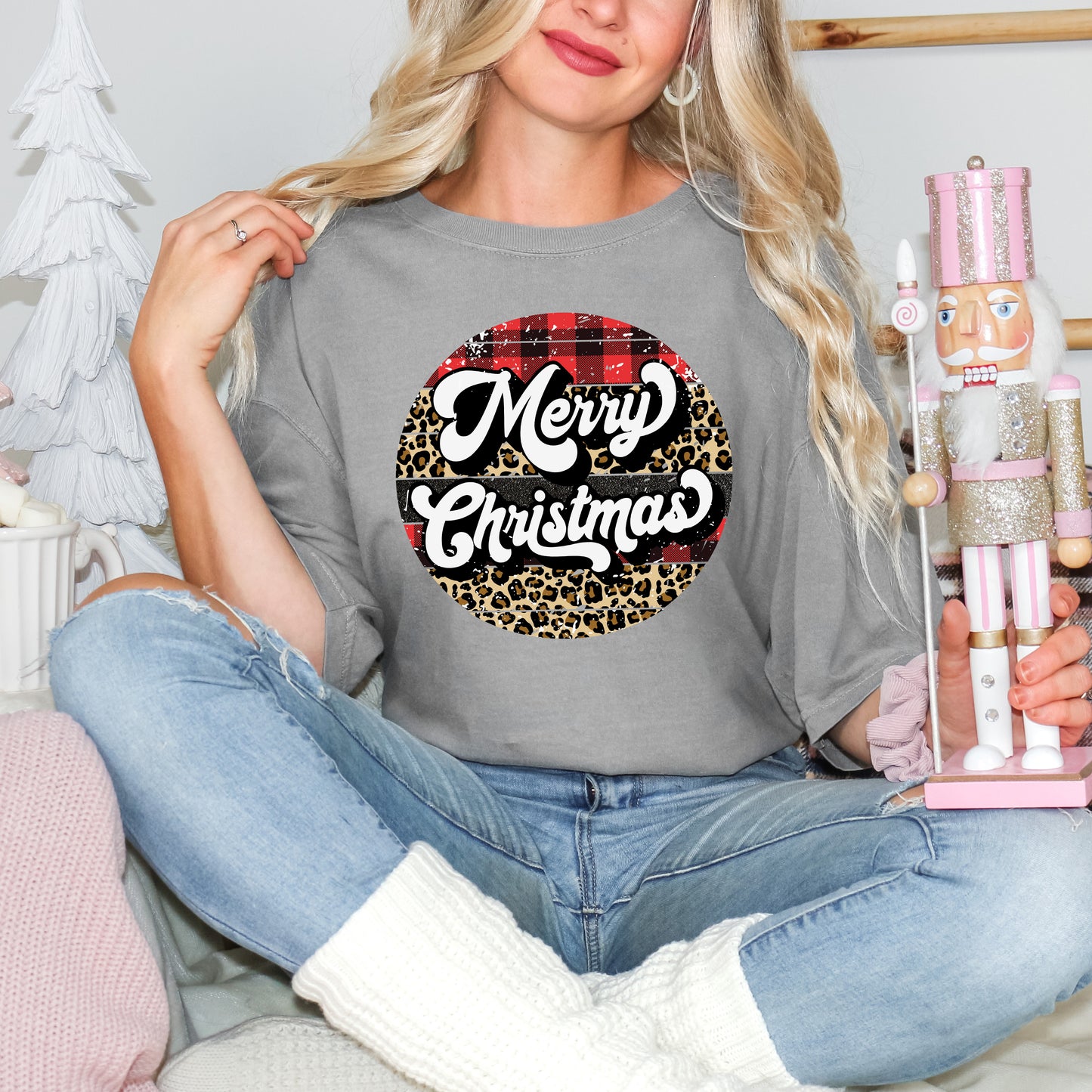 Buffalo Plaid Leopard Merry Christmas | Garment Dyed Tee