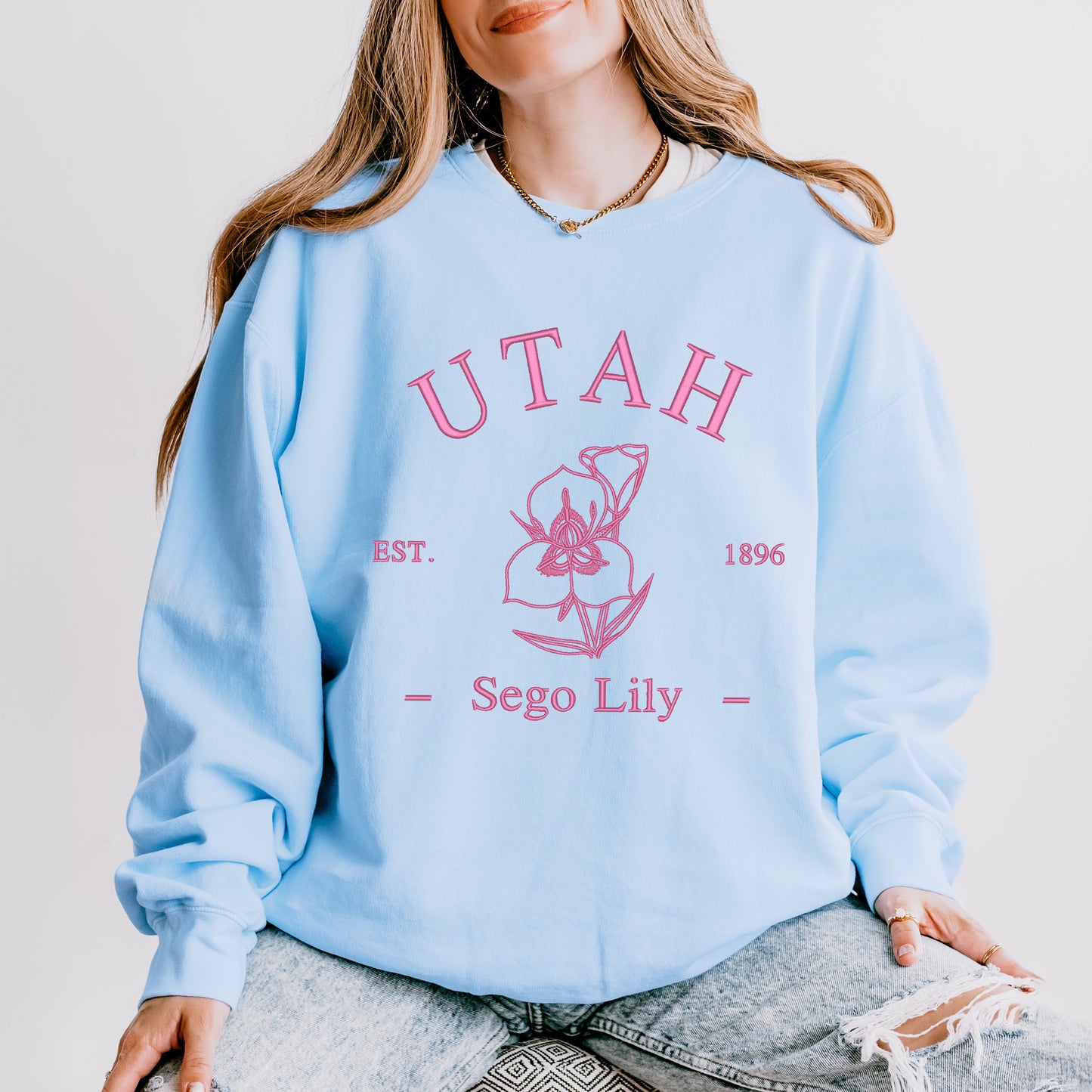 Embroidered Utah Sego Flower| Lightweight Garment Dyed Sweatshirt