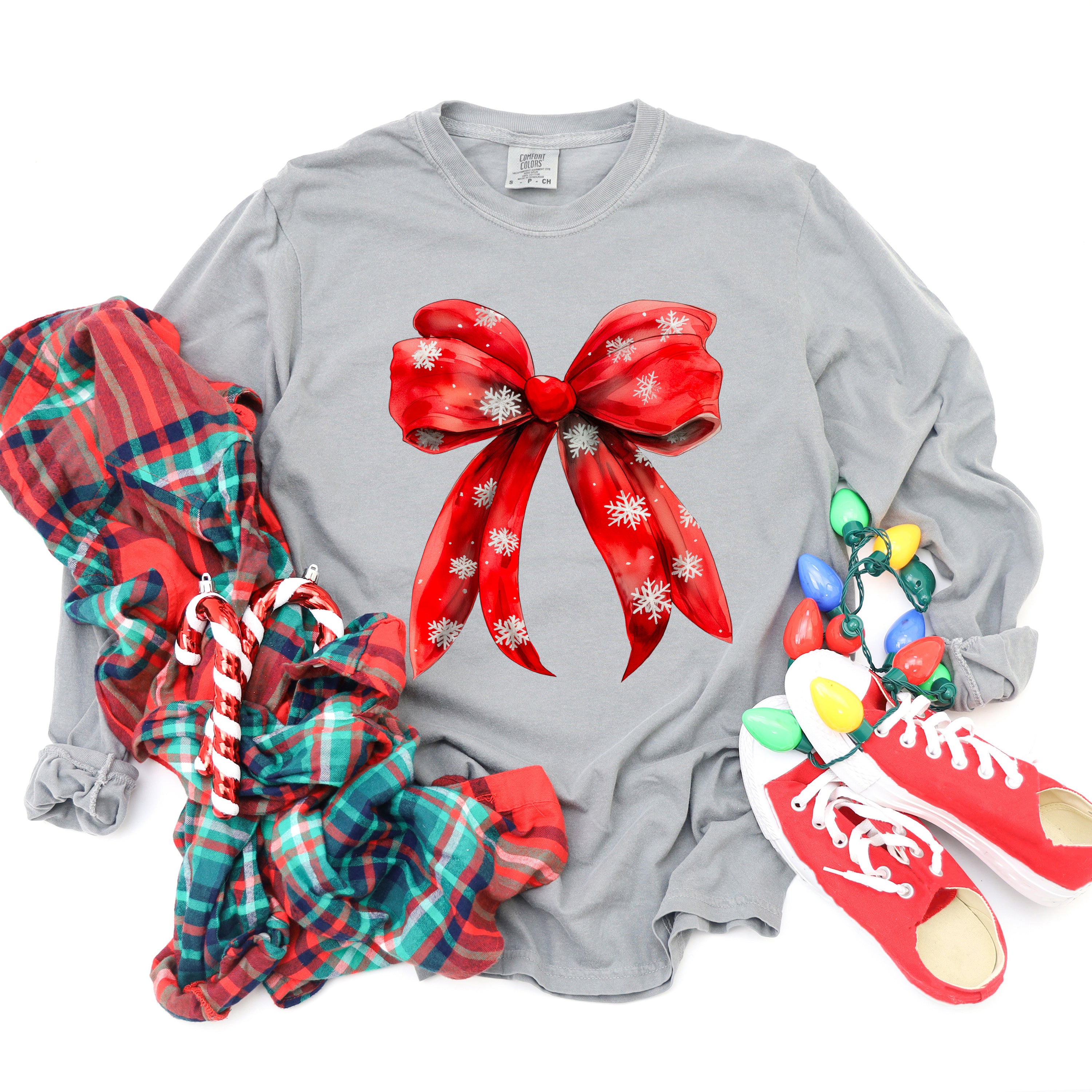 Coquette Christmas Snowflake Bow | Garment Dyed Long Sleeve