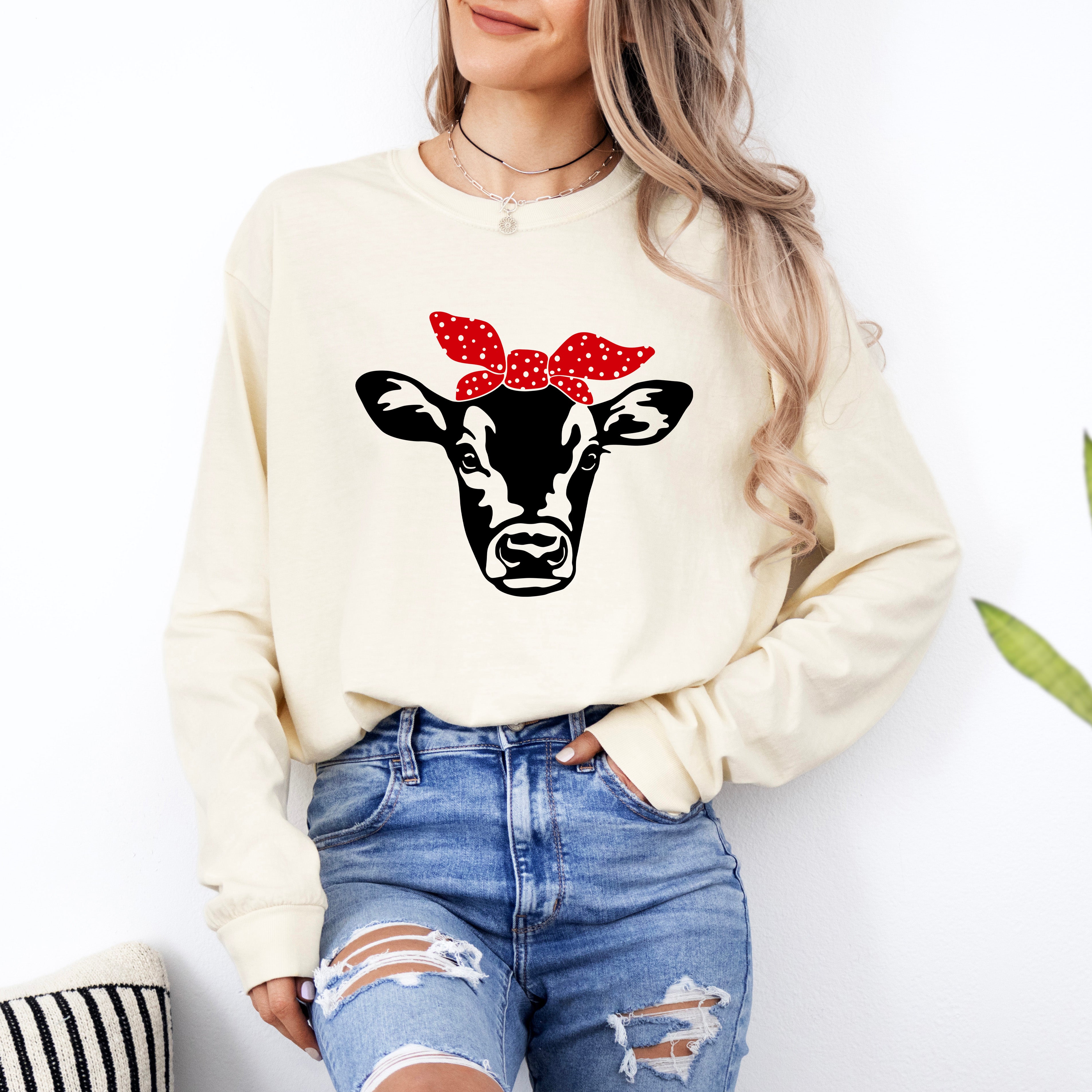 Cow And Bandana | Garment Dyed Long Sleeve