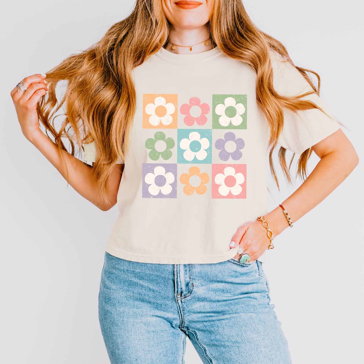 Checkered Flowers | Relaxed Fit Cropped Tee