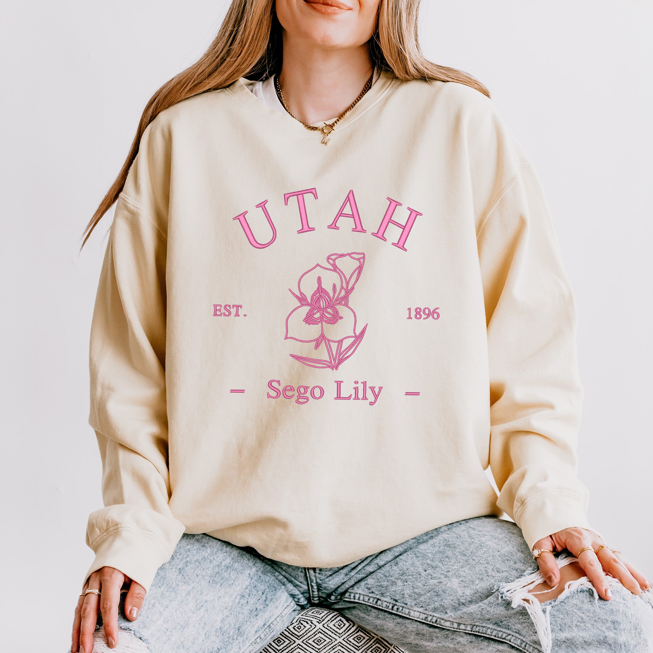 Embroidered Utah Sego Flower| Lightweight Garment Dyed Sweatshirt