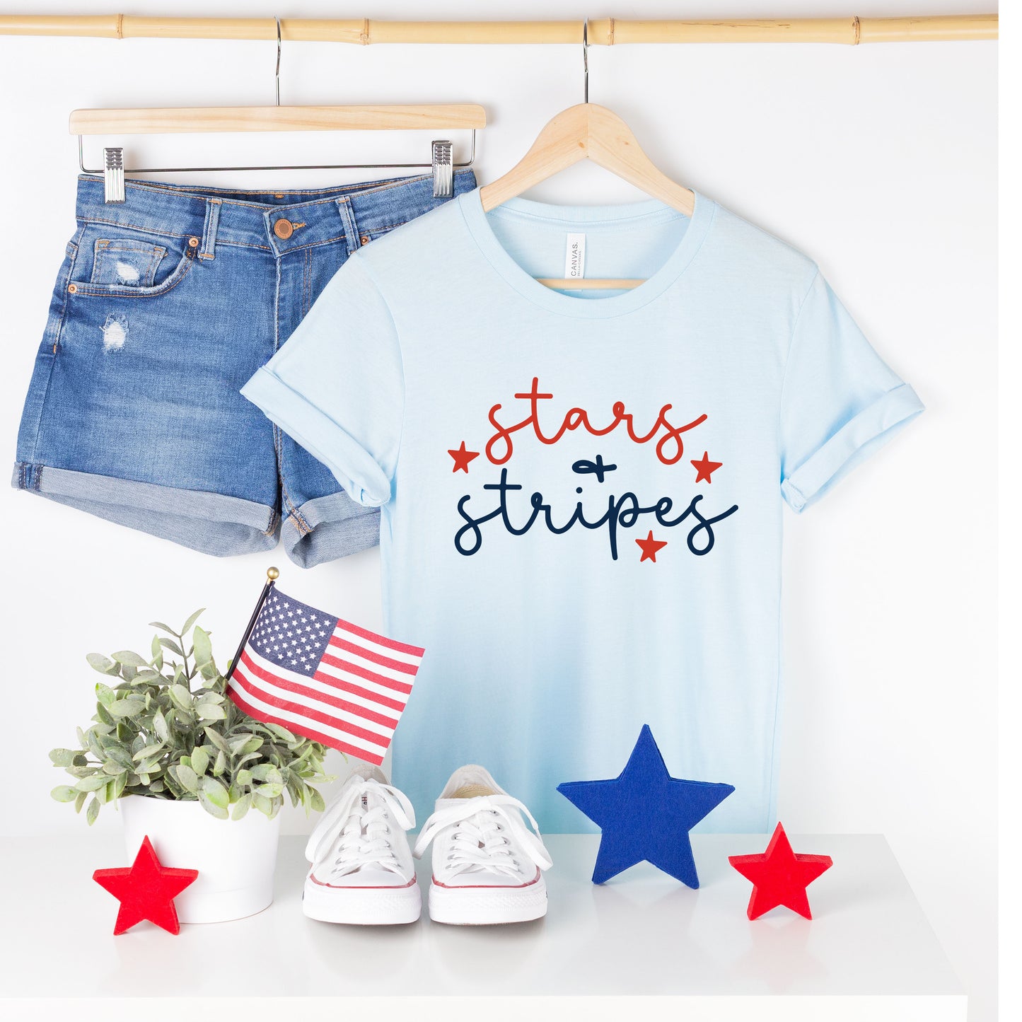 Patriotic Stars And Stripes Cursive | Short Sleeve Graphic Tee