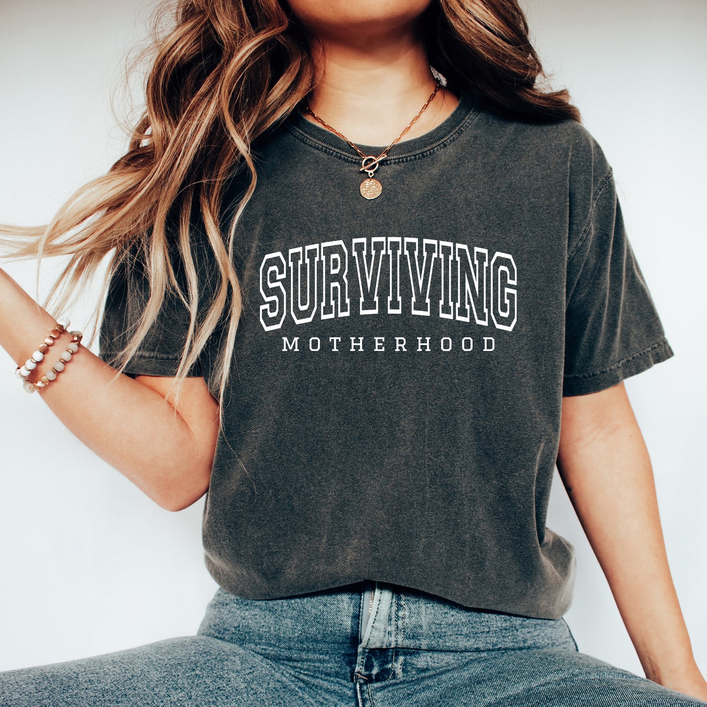 Varsity Surviving Motherhood | Garment Dyed Short Sleeve Tee