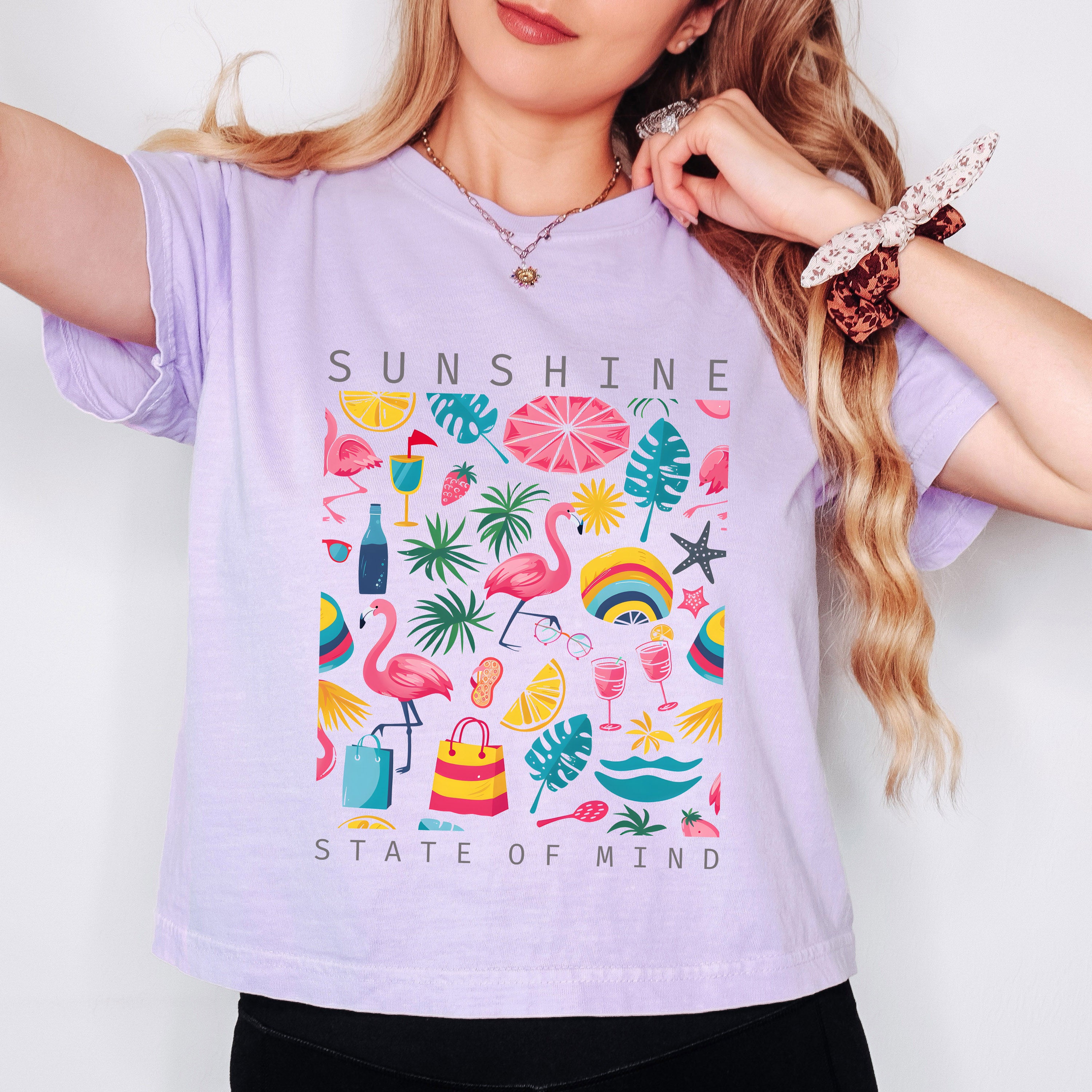 Sunshine State Of Mind Flamingos | Relaxed Fit Cropped Tee