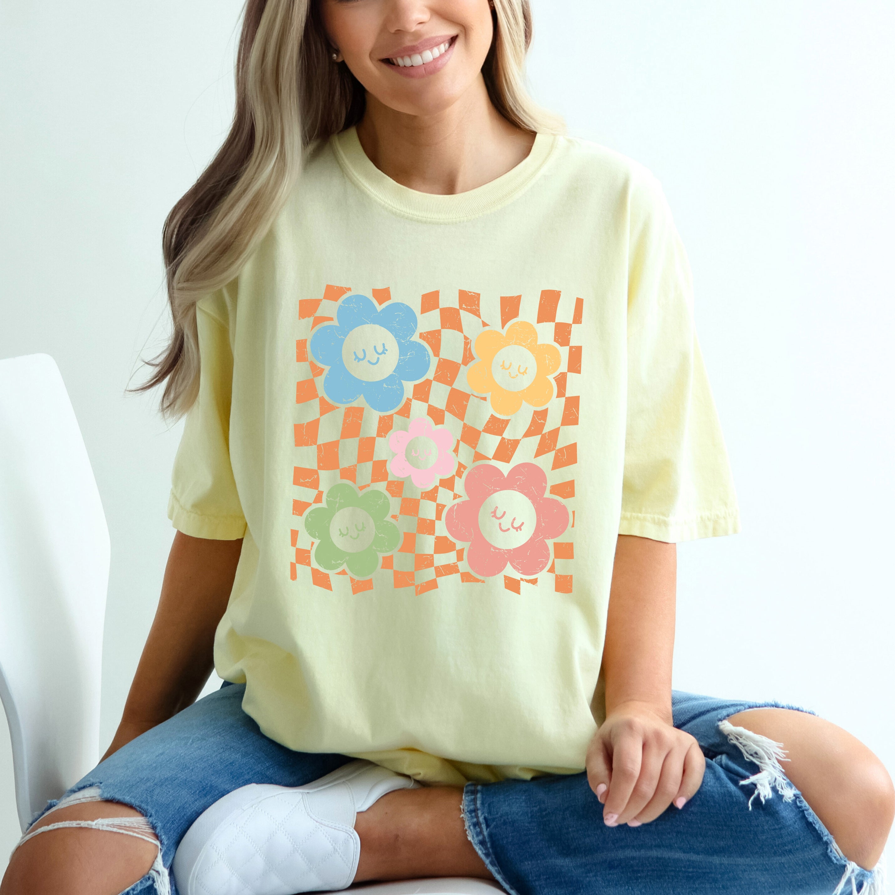 Checkered Flowers and Smiley | Garment Dyed Tee
