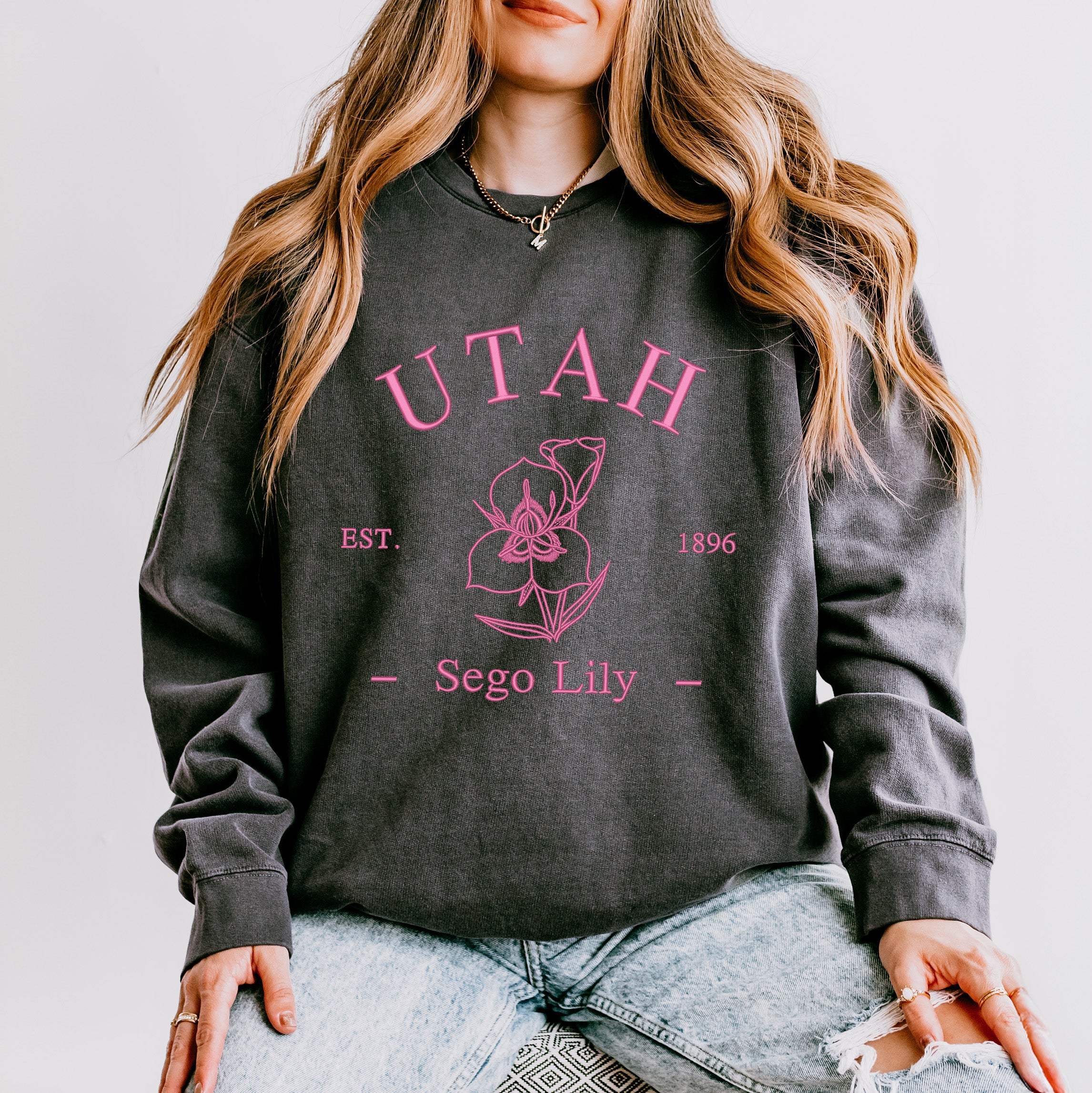 Embroidered Utah Sego Flower| Lightweight Garment Dyed Sweatshirt