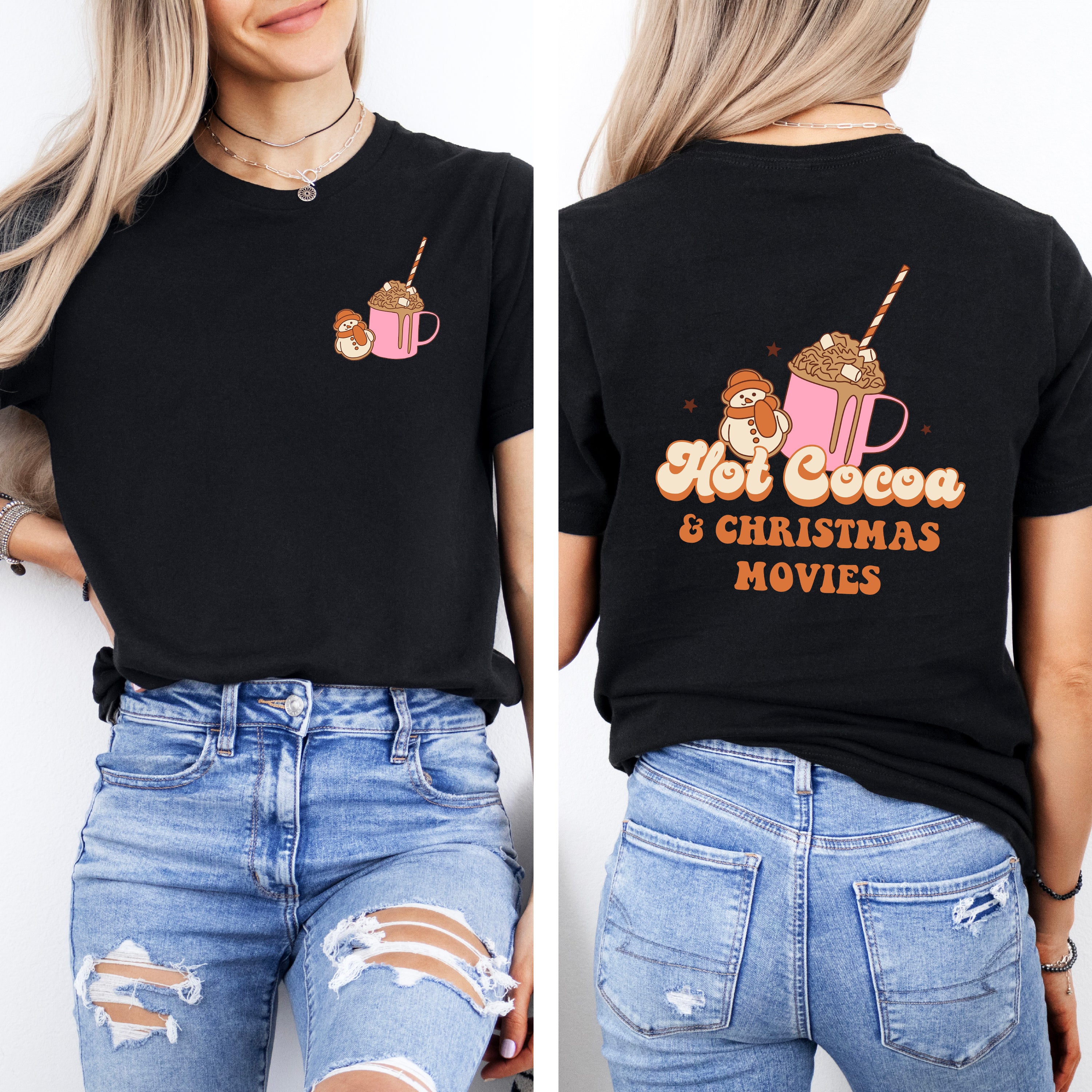 Hot Cocoa And Christmas Movies | Front & Back Short Sleeve Graphic Tee