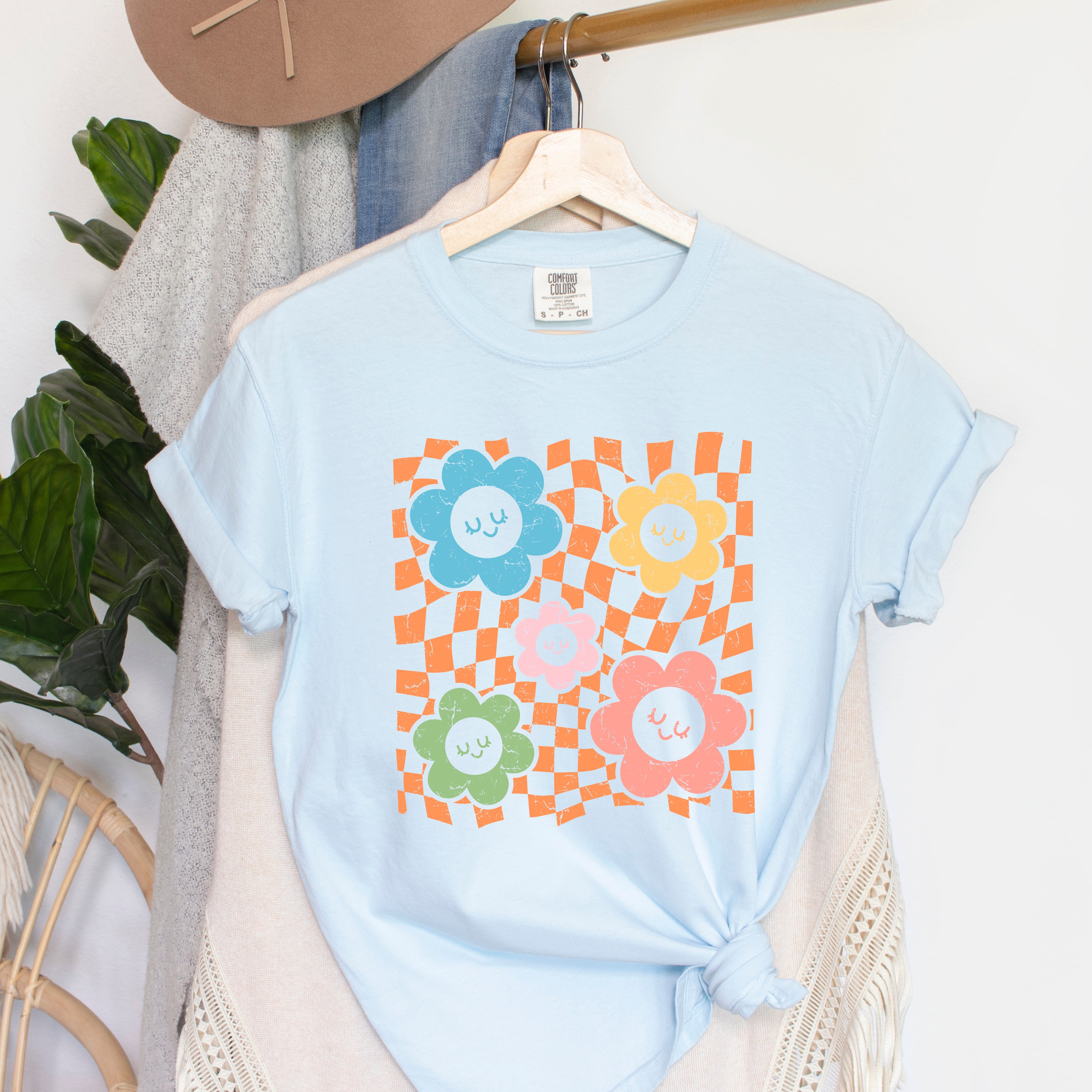 Checkered Flowers and Smiley | Garment Dyed Tee