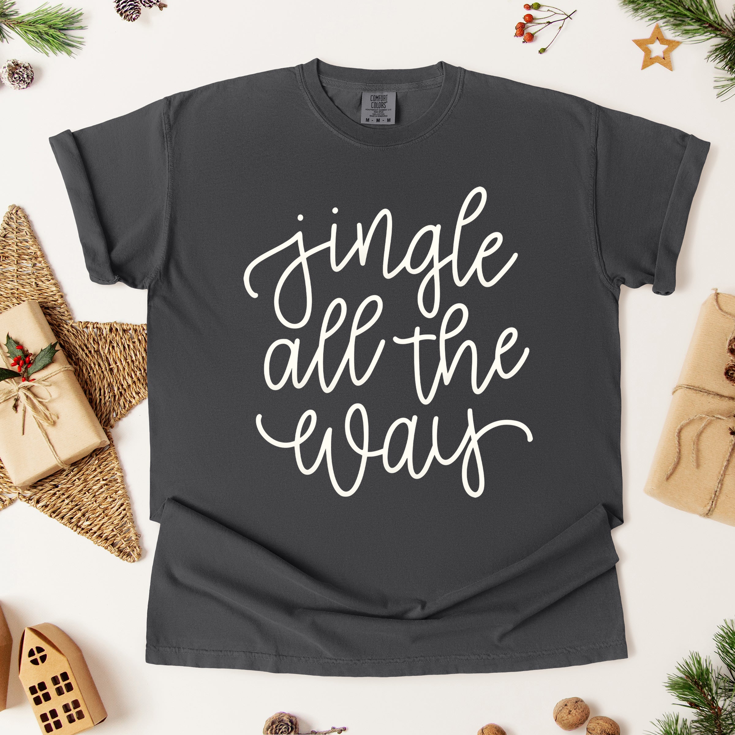 Jingle All The Way Cursive Puff Print | Garment Dyed Short Sleeve Tee